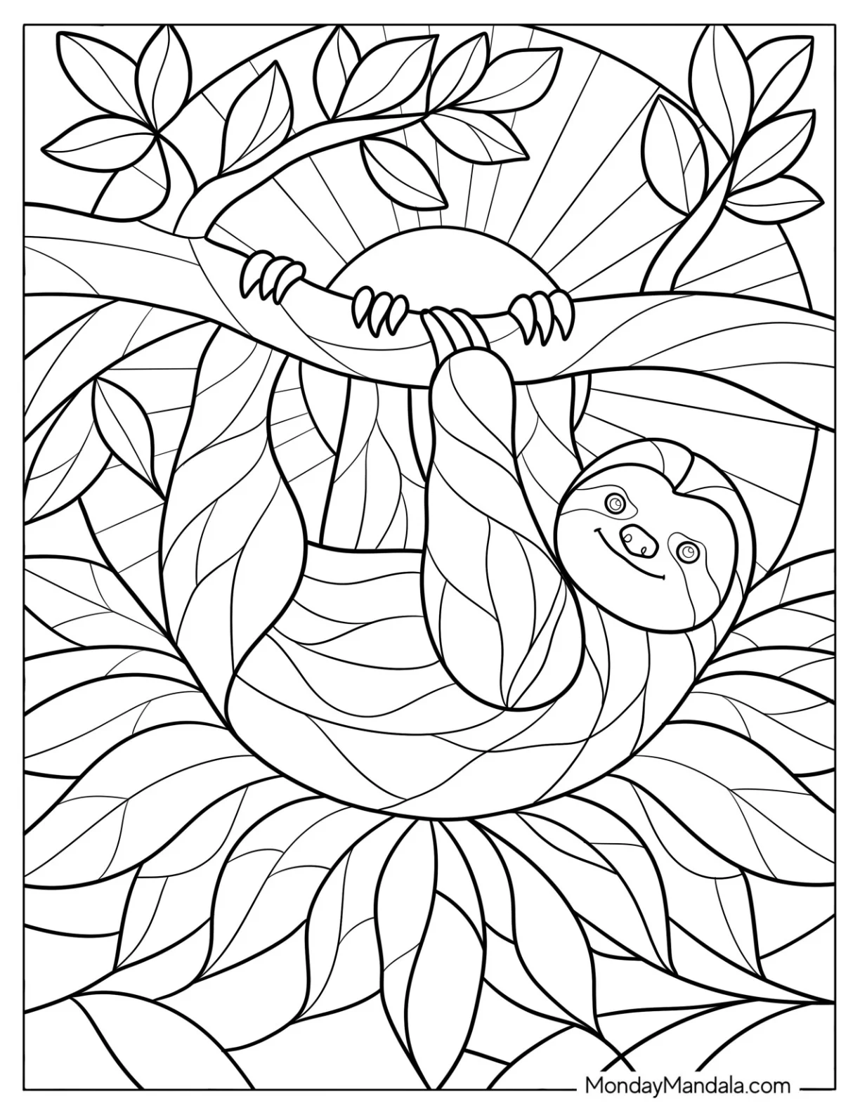 Geometric Sloth Coloring Page Hanging from A Tree coloring page