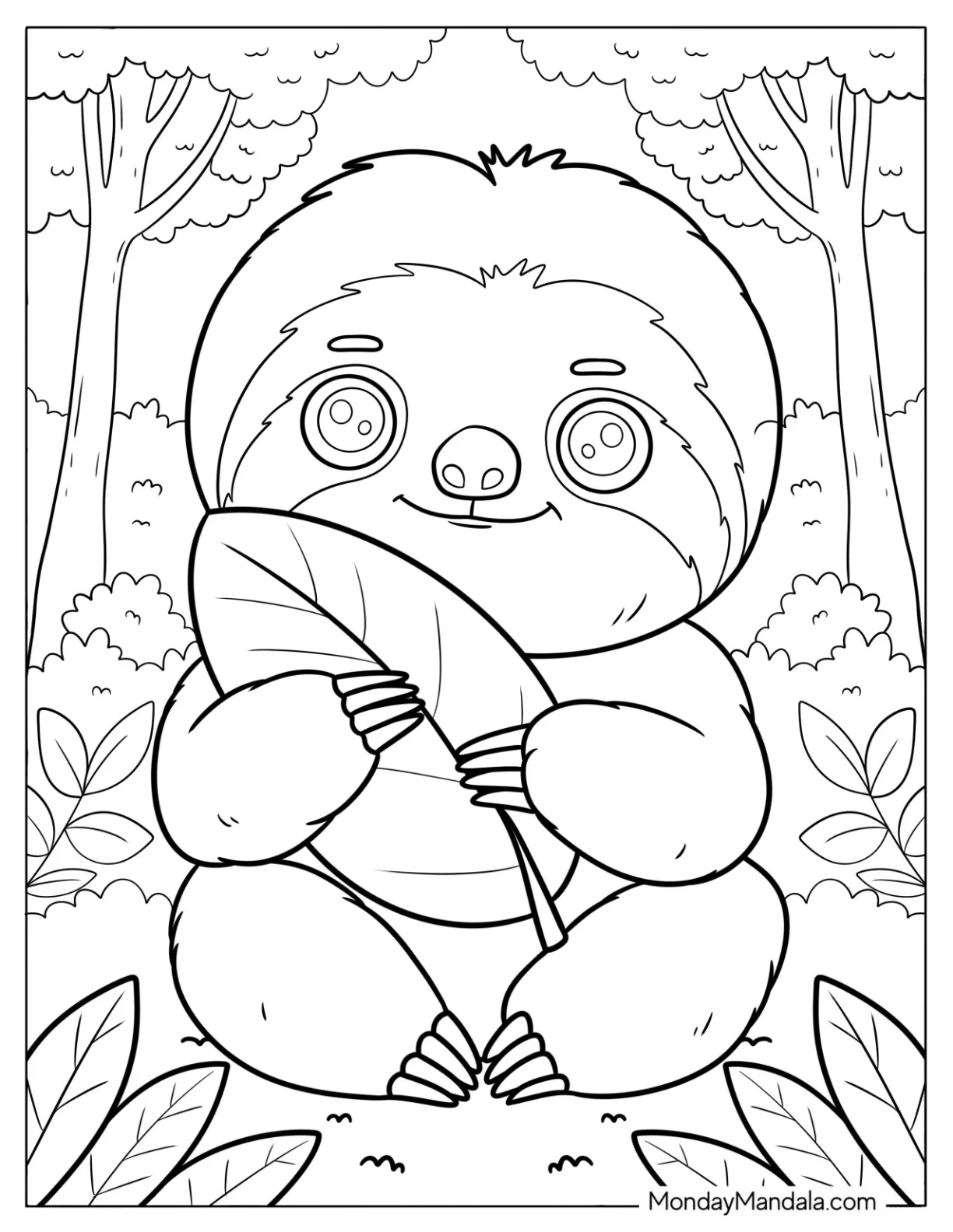 Happy Sloth Coloring Page Holding a Leaf in a Forest for Kids coloring page