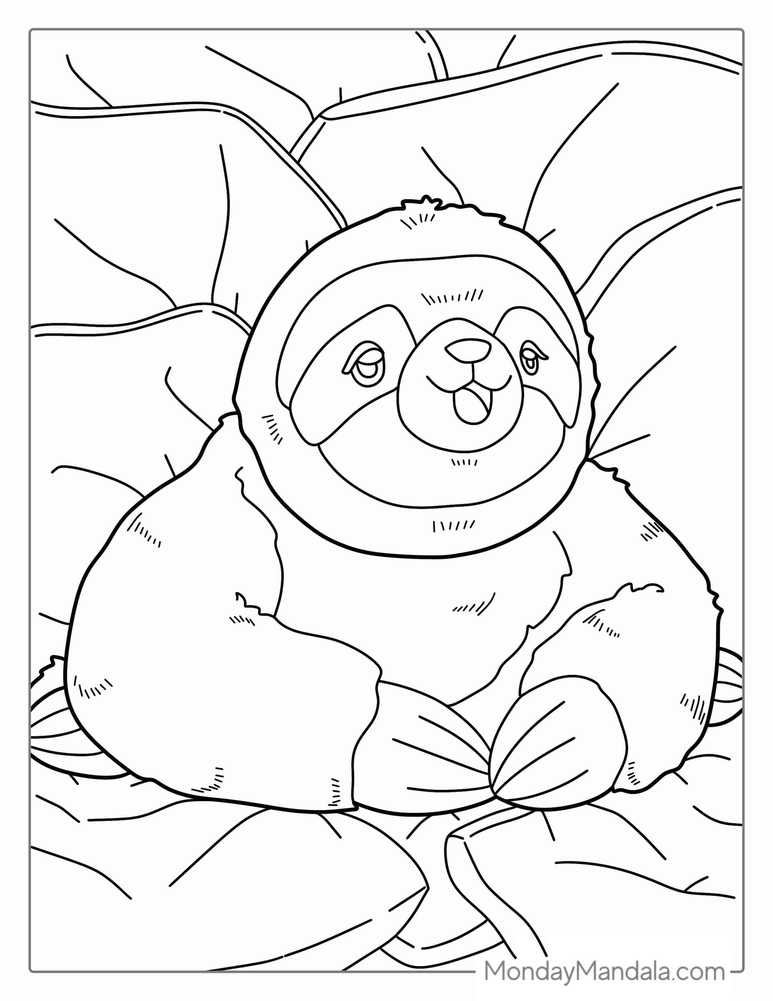 Happy Sloth Sitting On Leaves coloring page