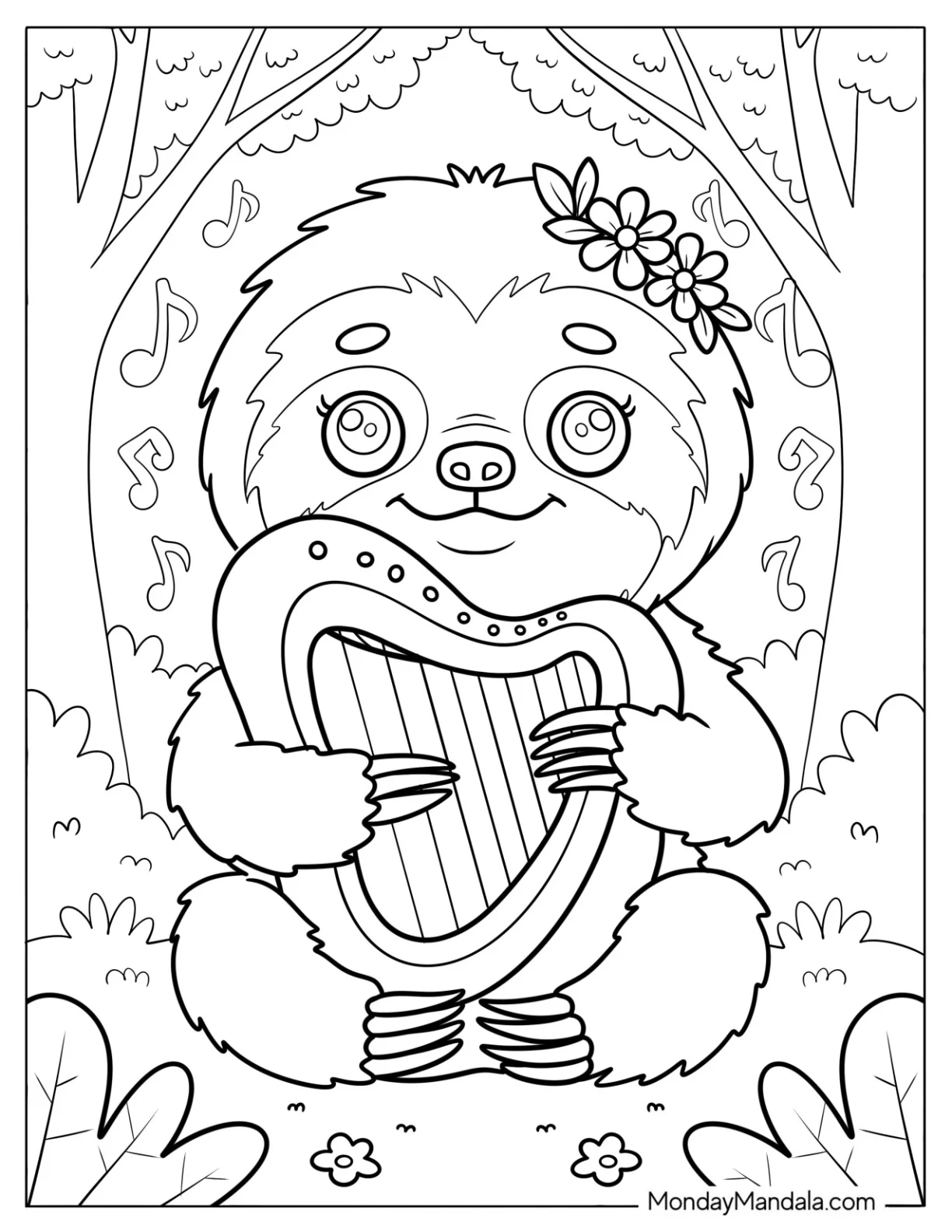 Pretty Sloth Coloring Page Playing The Harp in a Forest for Kids coloring page