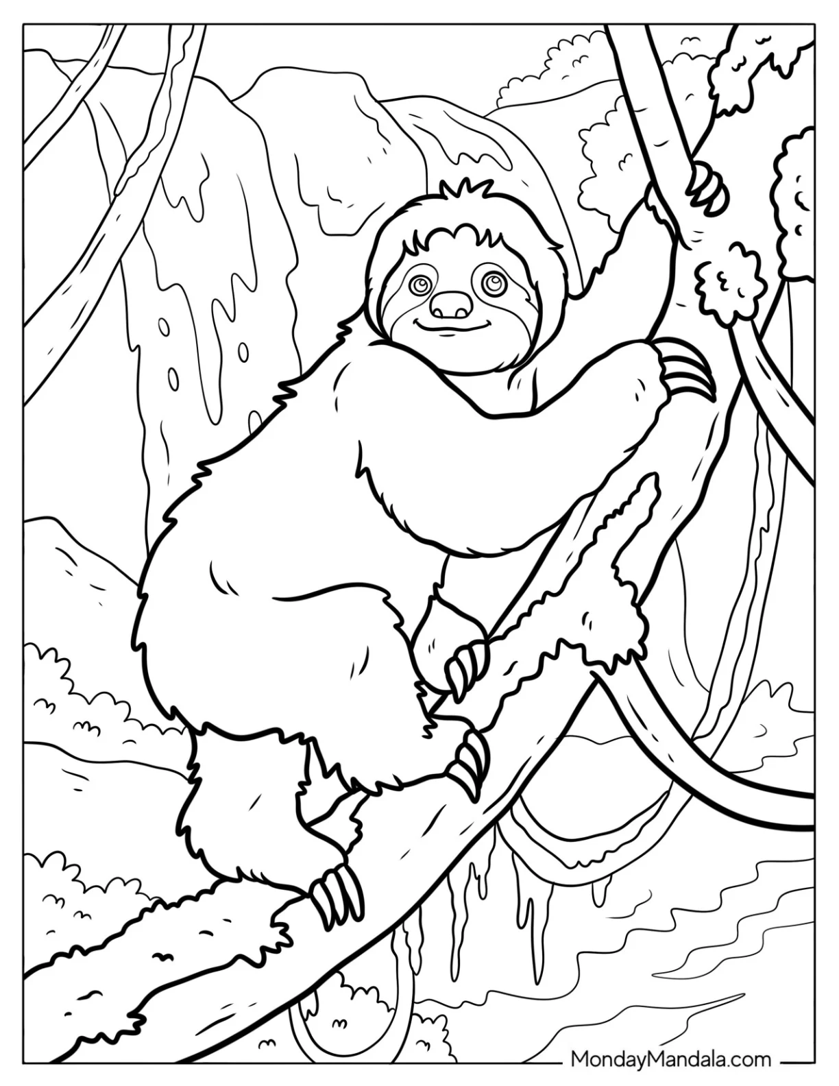 Realistic Sloth Coloring Page Climbing a Tree coloring page — printable line art