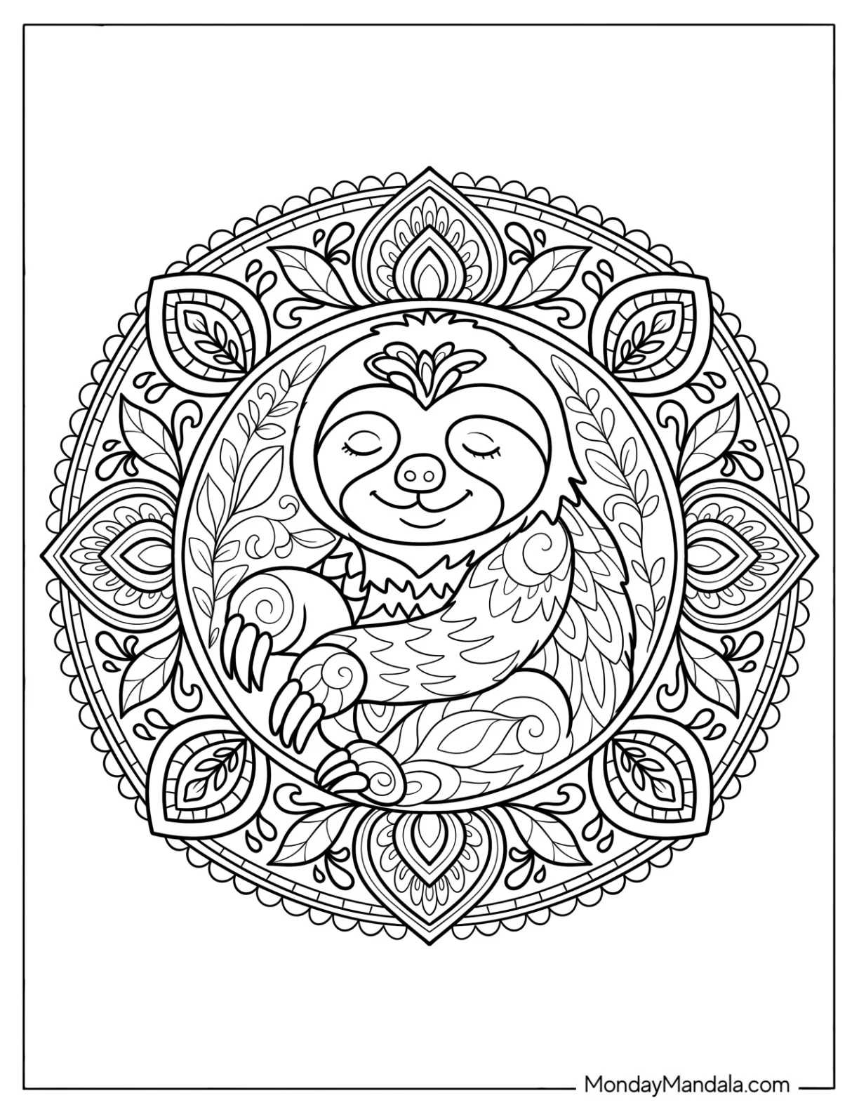 Sleeping Sloth Coloring Page in a Flowery Mandala coloring page — printable line art