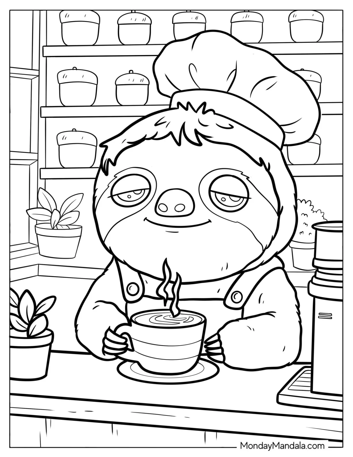 Sleepy Sloth Coloring Page Chef Drinking Coffee for Kids coloring page