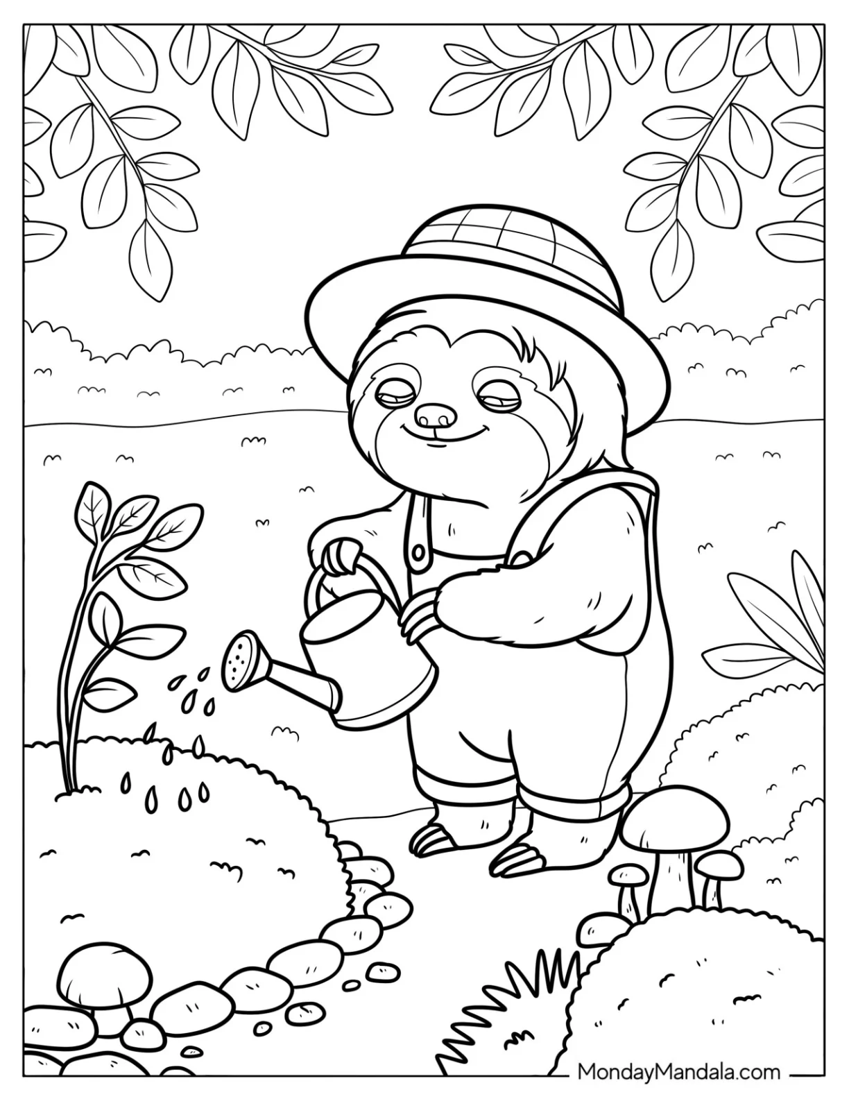 Sloth Coloring Page Watering a Plant in a Garden coloring page
