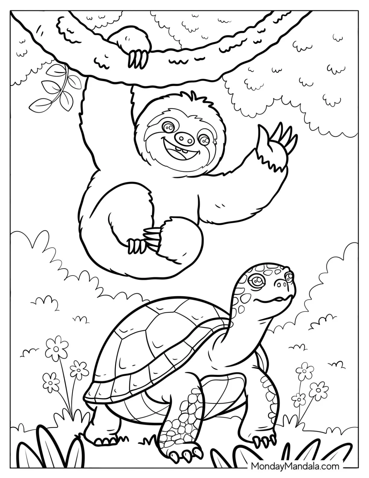 Sloth Coloring Page Waving from a Tree with Turtle Below It coloring page — printable line art