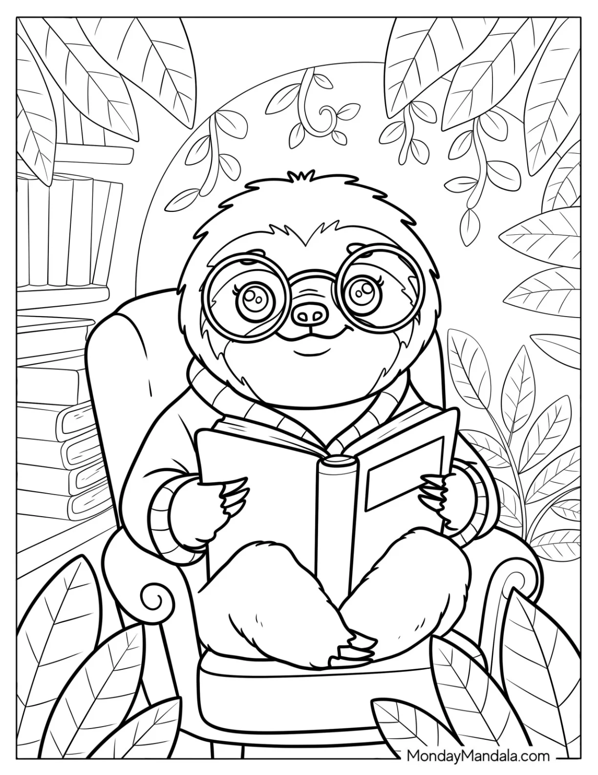 Sloth Coloring Page with Glasses Reading in an Armchair coloring page — printable line art