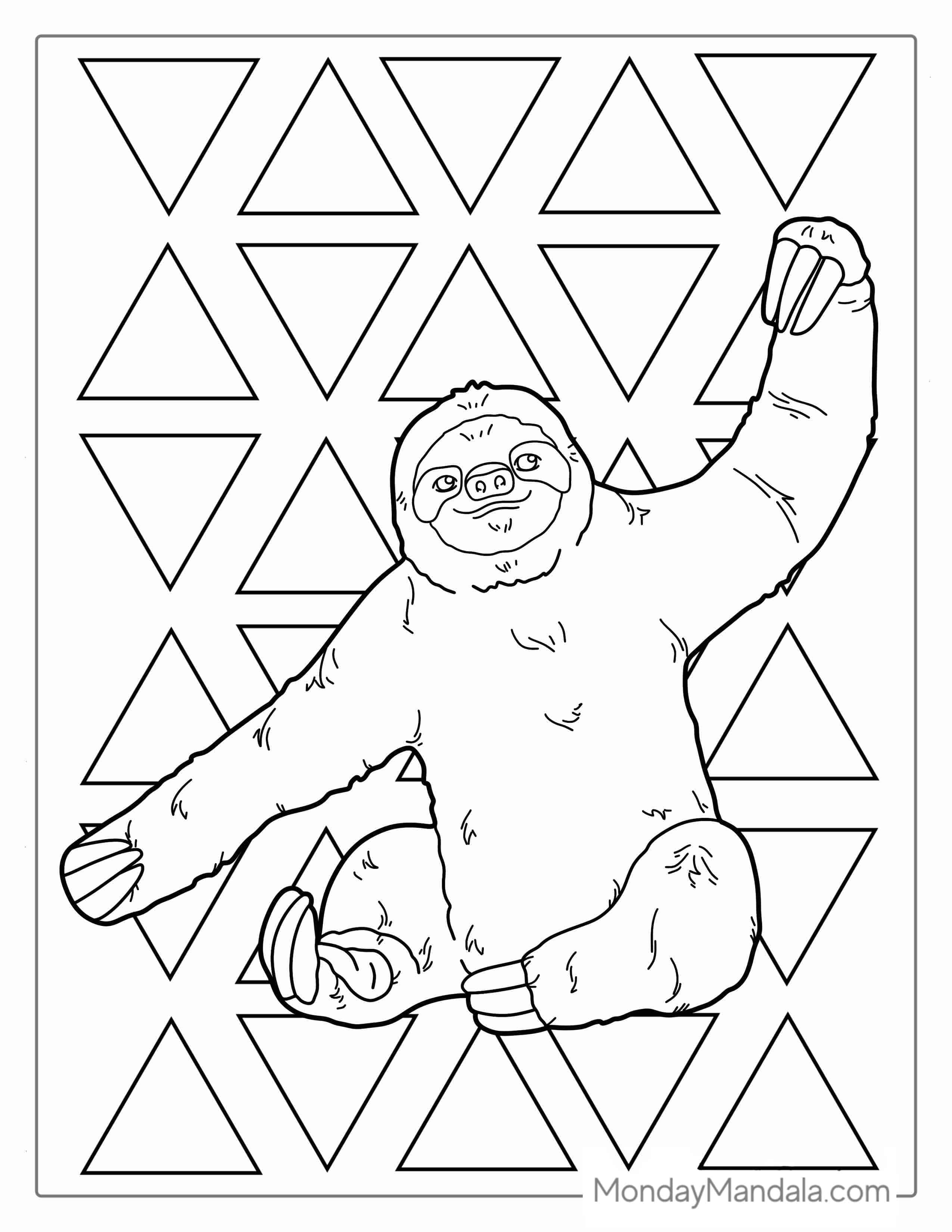 Sloth Stretched Out With Triangles coloring page — printable line art
