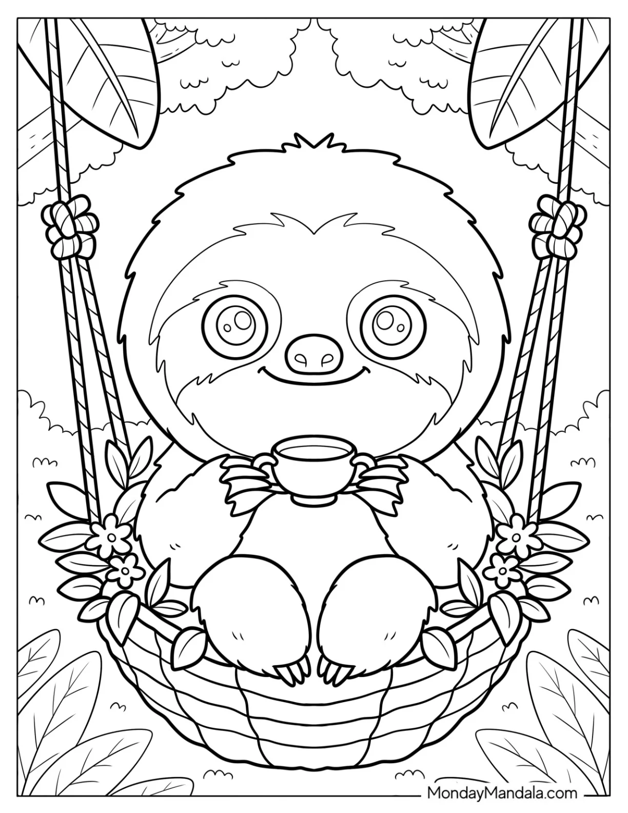 Smiling Baby Sloth Coloring Page Having Tea in a Flower Basket for Kids coloring page — printable line art