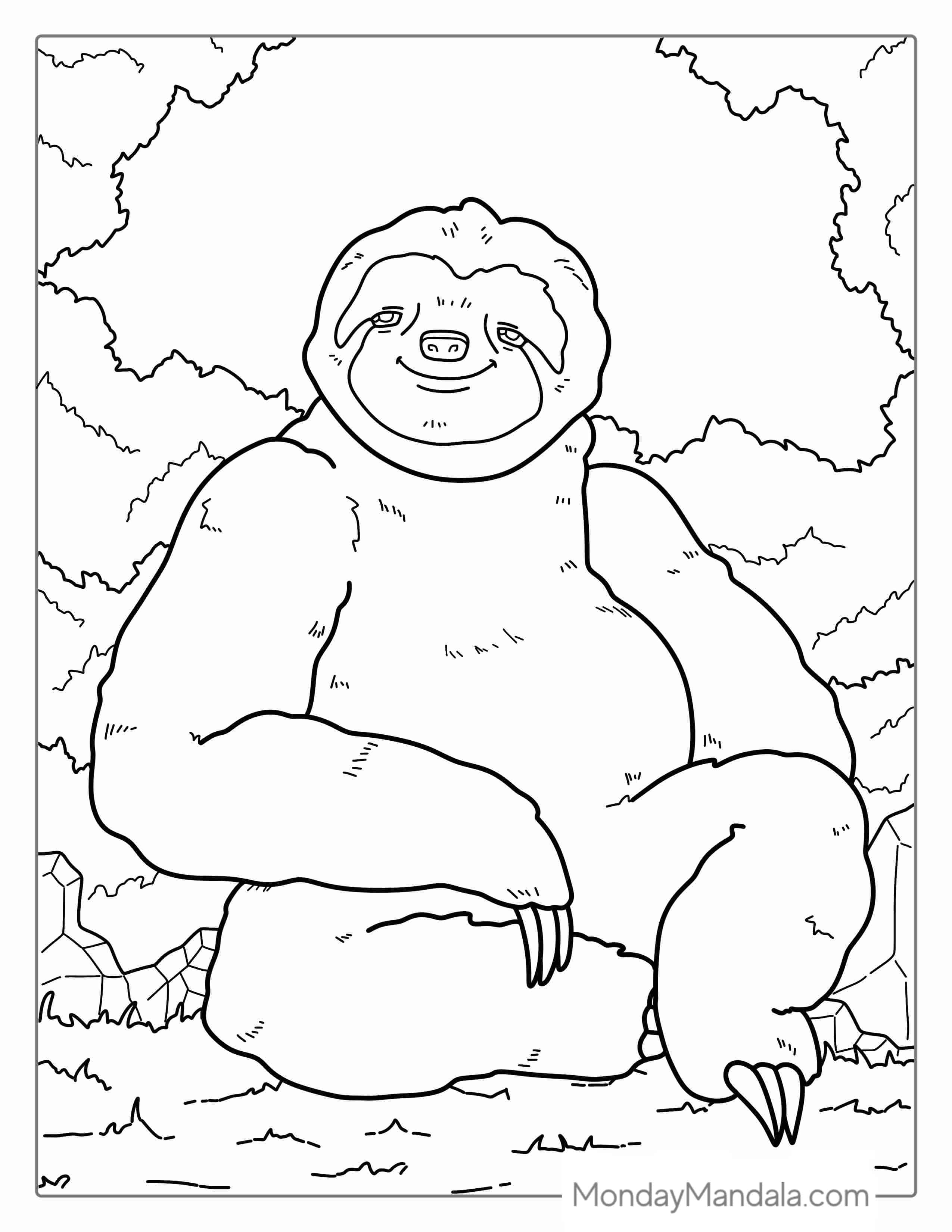 Smiling Sloth Hanging From Tree Branch To Color coloring page — printable line art