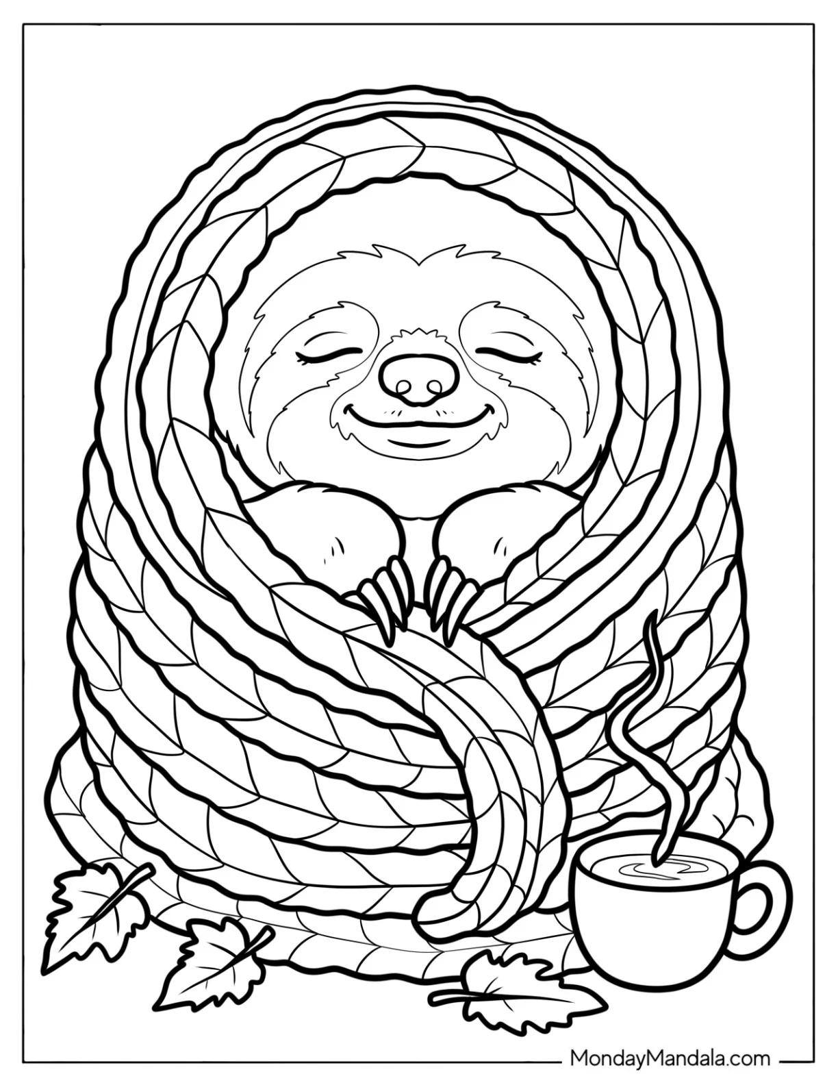 Warm Sloth Coloring Page Wrapped in a Blanket with Hot Coffee coloring page — printable line art