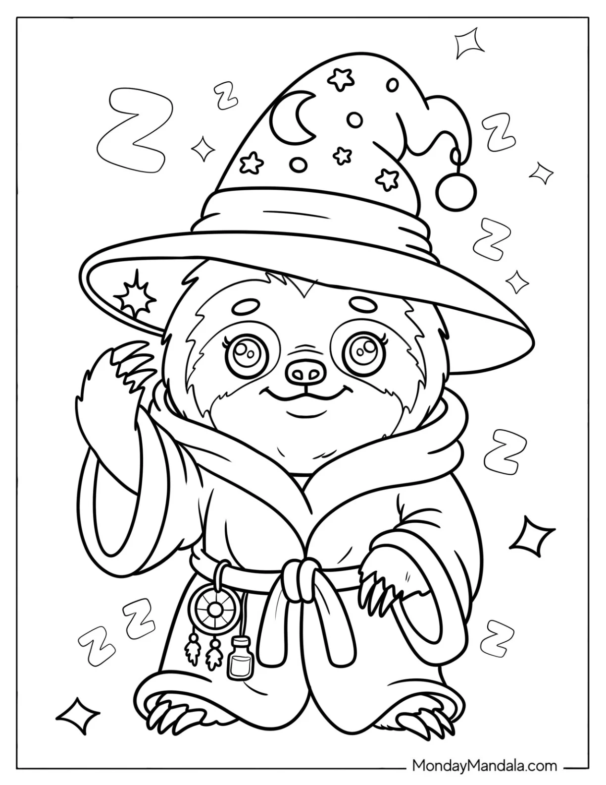 Wizard Sloth Coloring Page in a Hat and Robe for Kids coloring page — printable line art