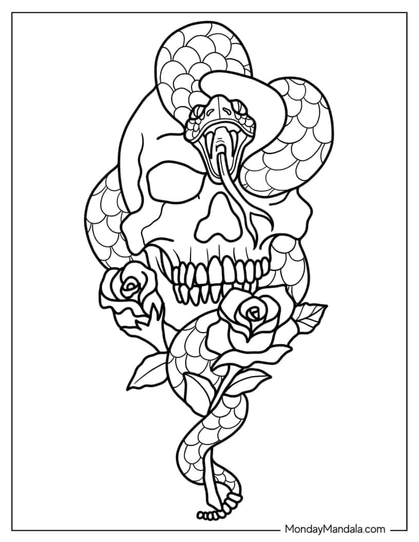 Skull And Snake Coloring Page coloring page — printable line art