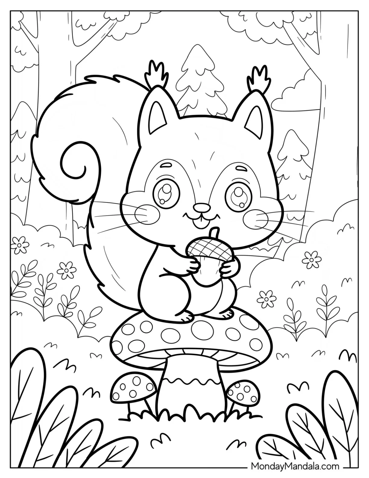 Cartoon Squirrel Coloring Page Eating an Acorn on a Spotty Mushroom for Preschoolers coloring page