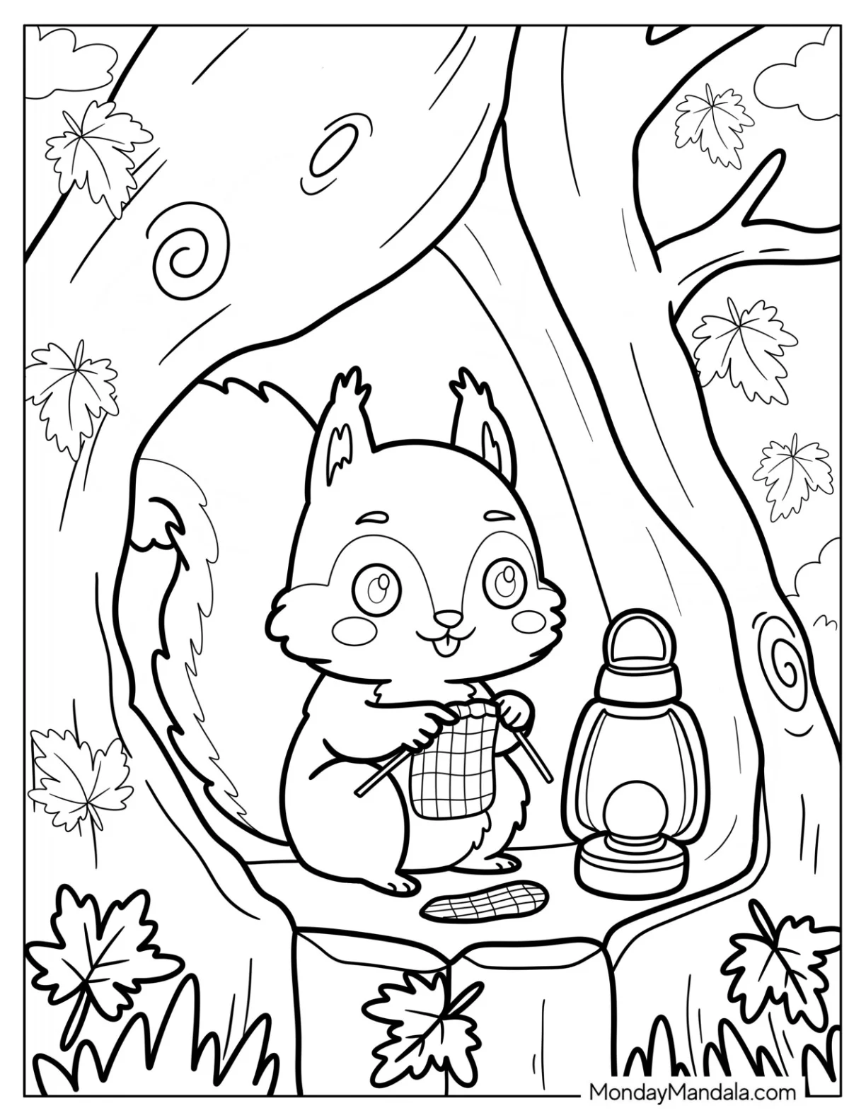 Cozy Woodland Squirrel Coloring Page Knitting Beside Lantern in a Hollow Tree coloring page — printable line art
