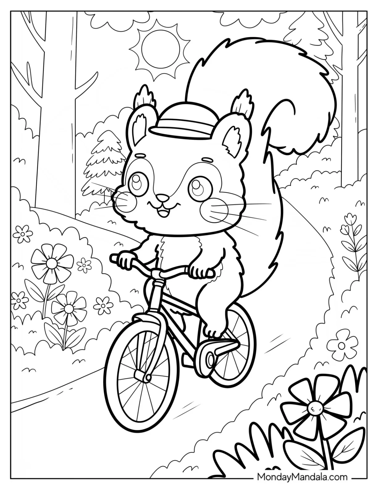 Cute Squirrel Coloring Page Riding a Bicycle Through the Forest coloring page