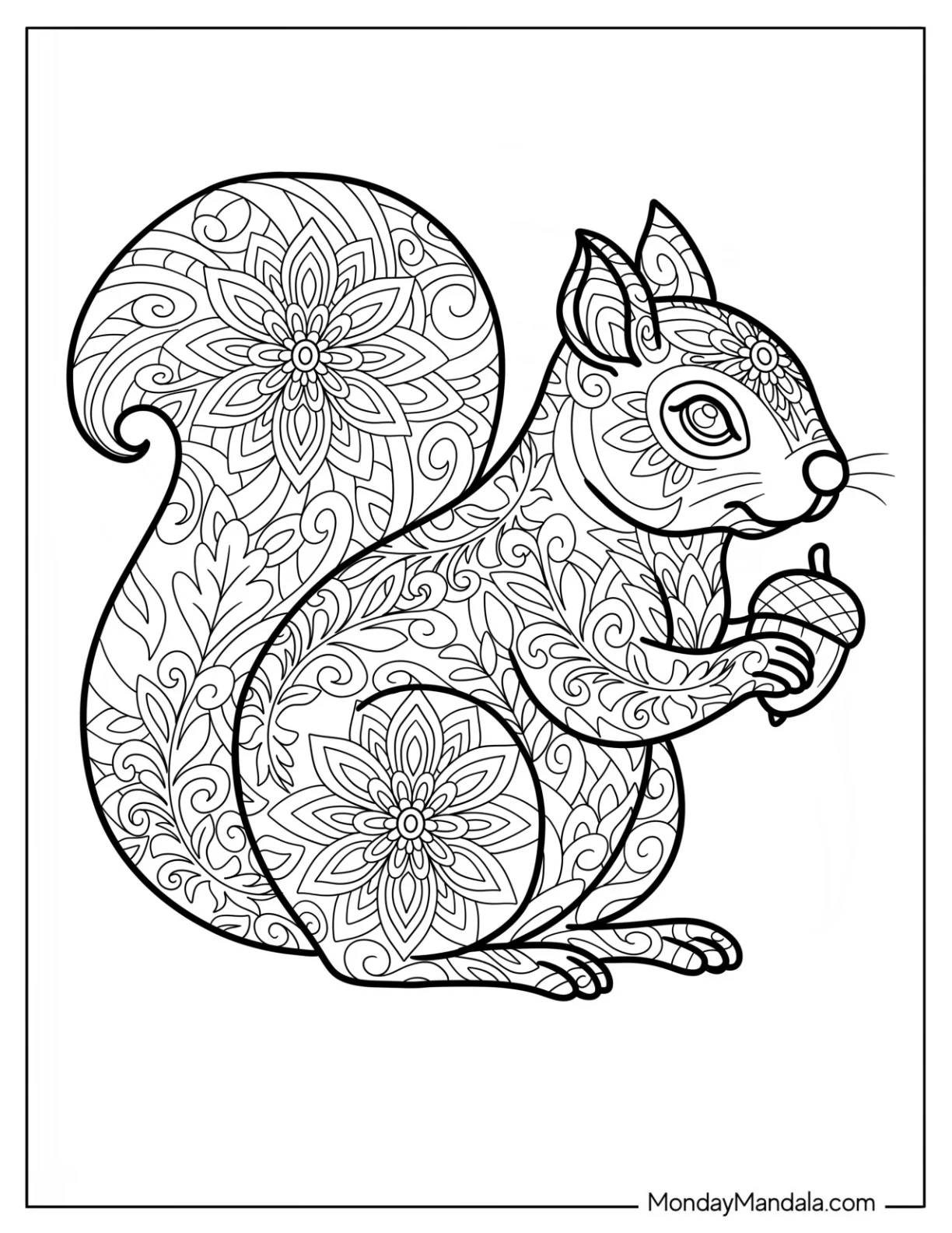 Detailed Squirrel Coloring Page Mandala with Lotus Patterns Holding Acorn coloring page