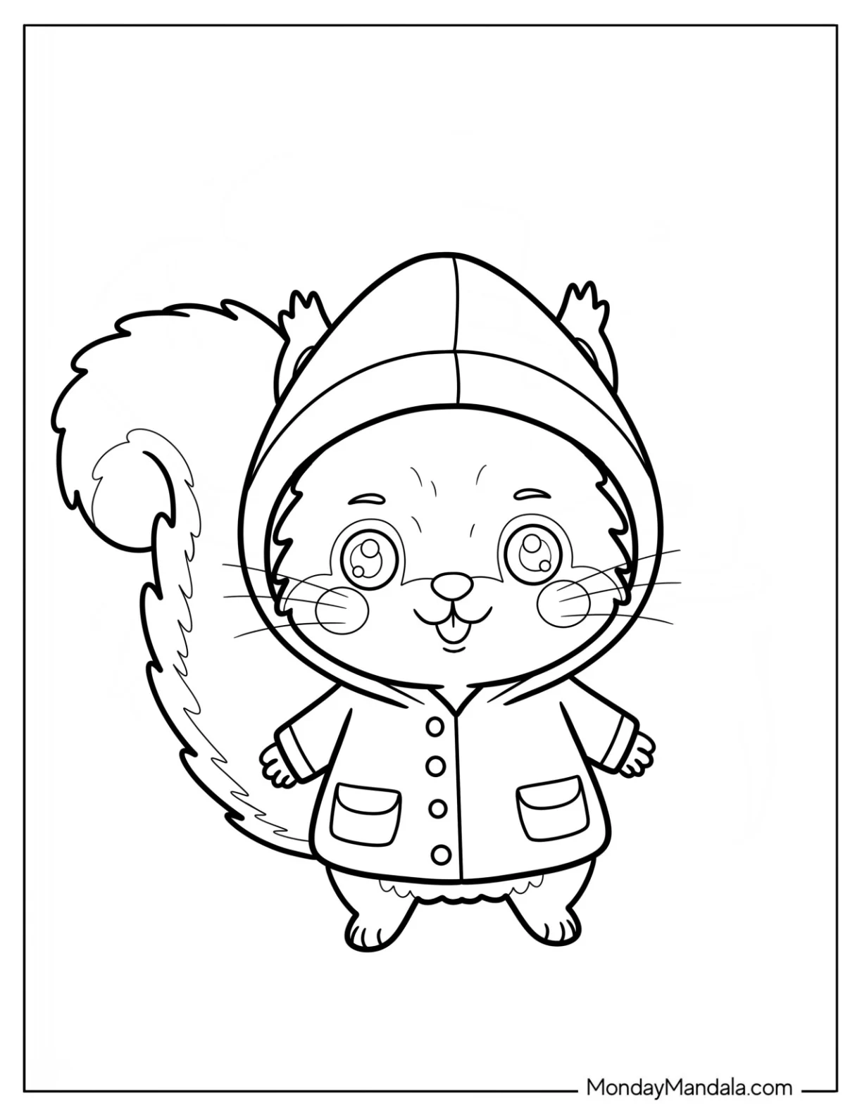 Fluffy Squirrel Coloring Page Wearing a Hooded Raincoat for Preschoolers coloring page — printable line art