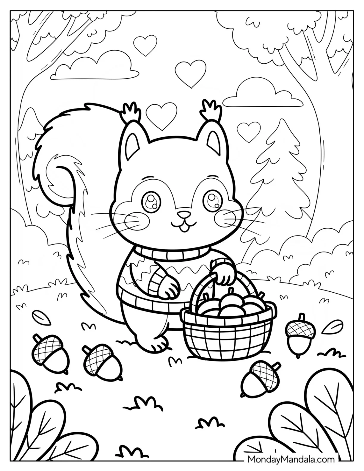 Forest Squirrel Coloring Page in Cozy Sweater Collecting Acorns for Kids coloring page
