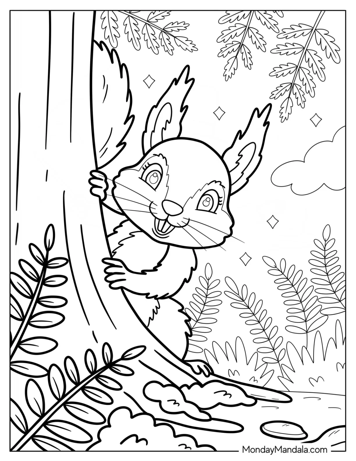 Playful Squirrel Coloring Page Peeking from Behind a Tree Coloring coloring page