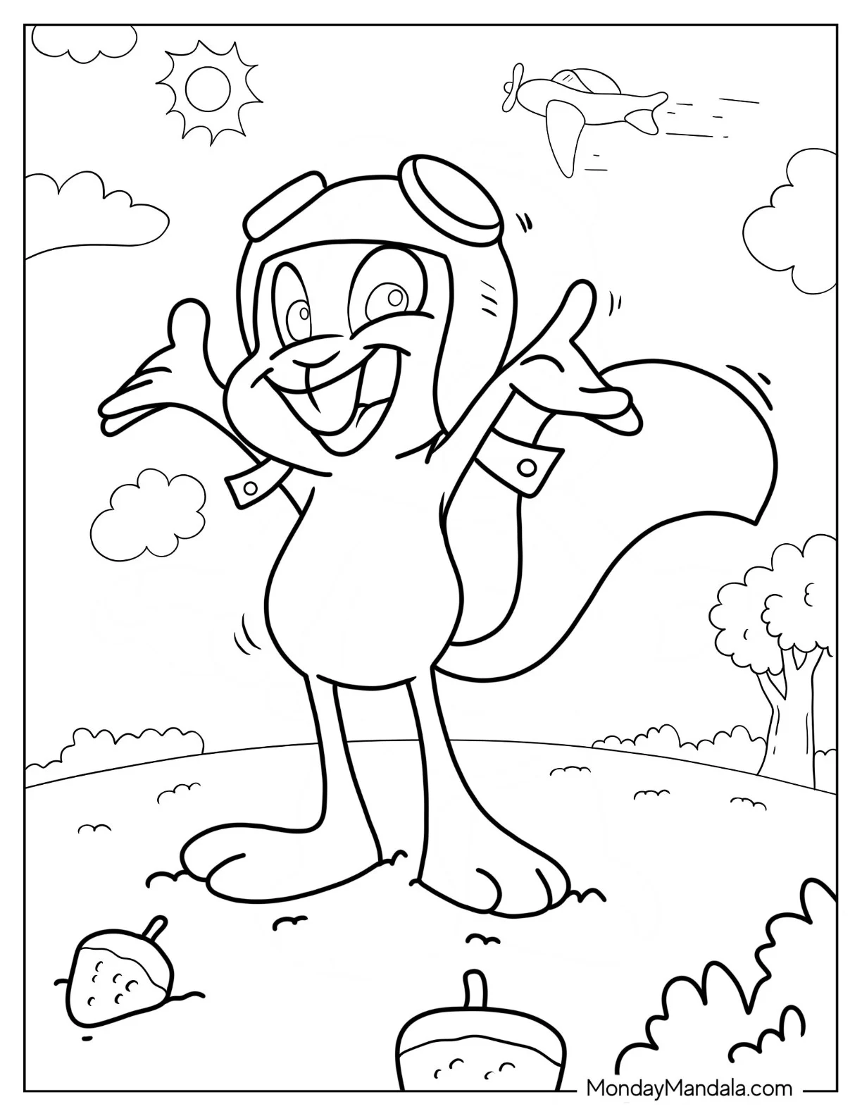Rocket J Squirrel Coloring Page Wearing Aviator Helmet For Preschoolers coloring page