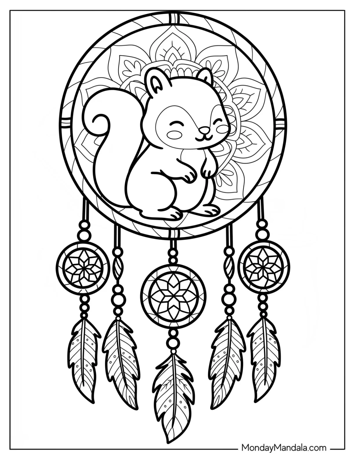 Sleeping Squirrel Coloring Page in Dreamcatcher with Feathers coloring page — printable line art
