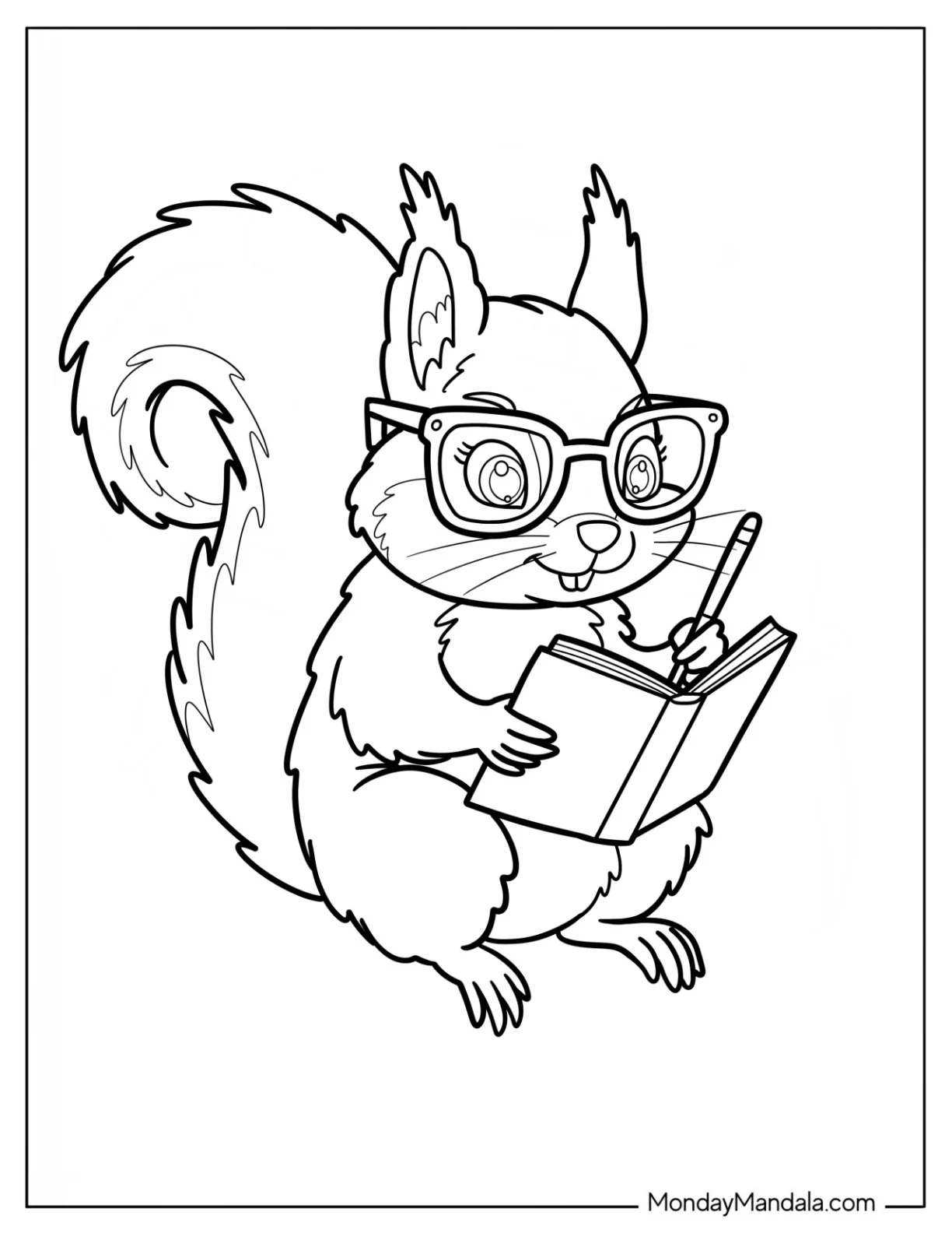 Smart Squirrel Coloring Page Wearing Glasses and Writing in Notebook for Kids coloring page — printable line art