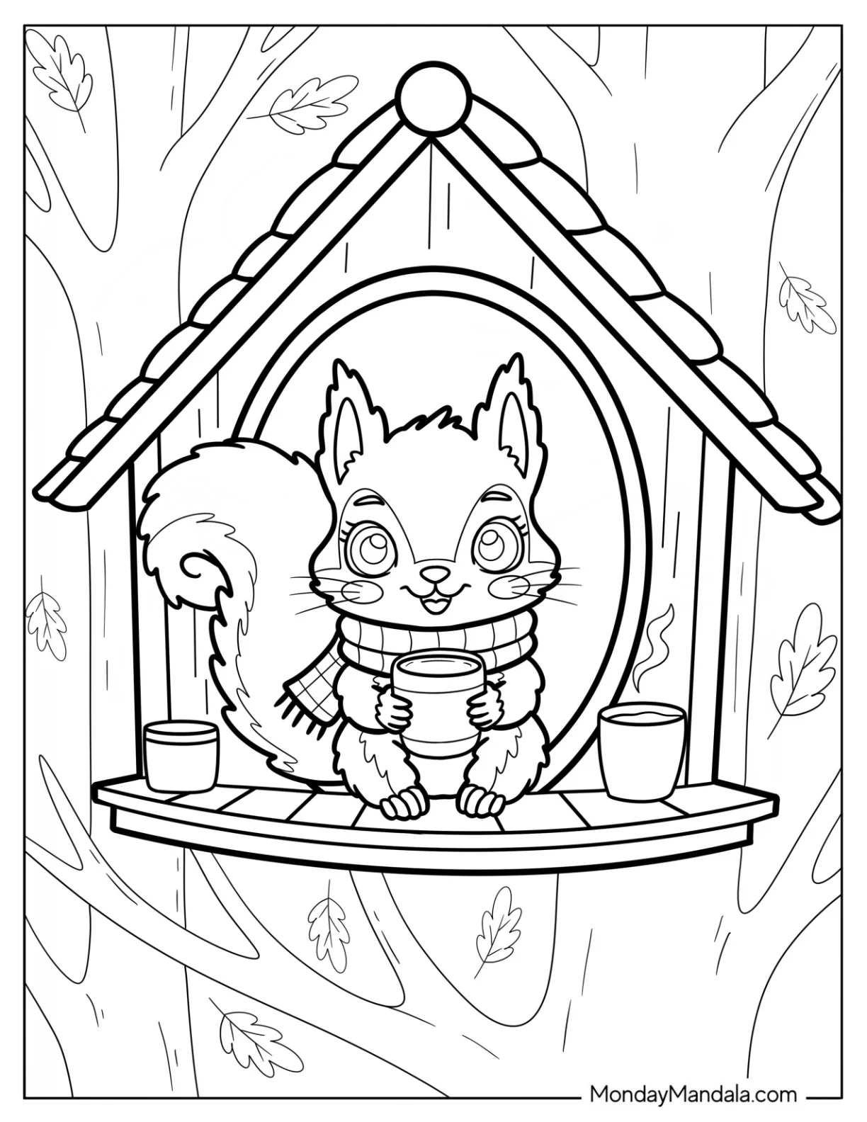 Squirrel Coloring Page Enjoying a Hot Drink in Cozy Treehouse Nook coloring page