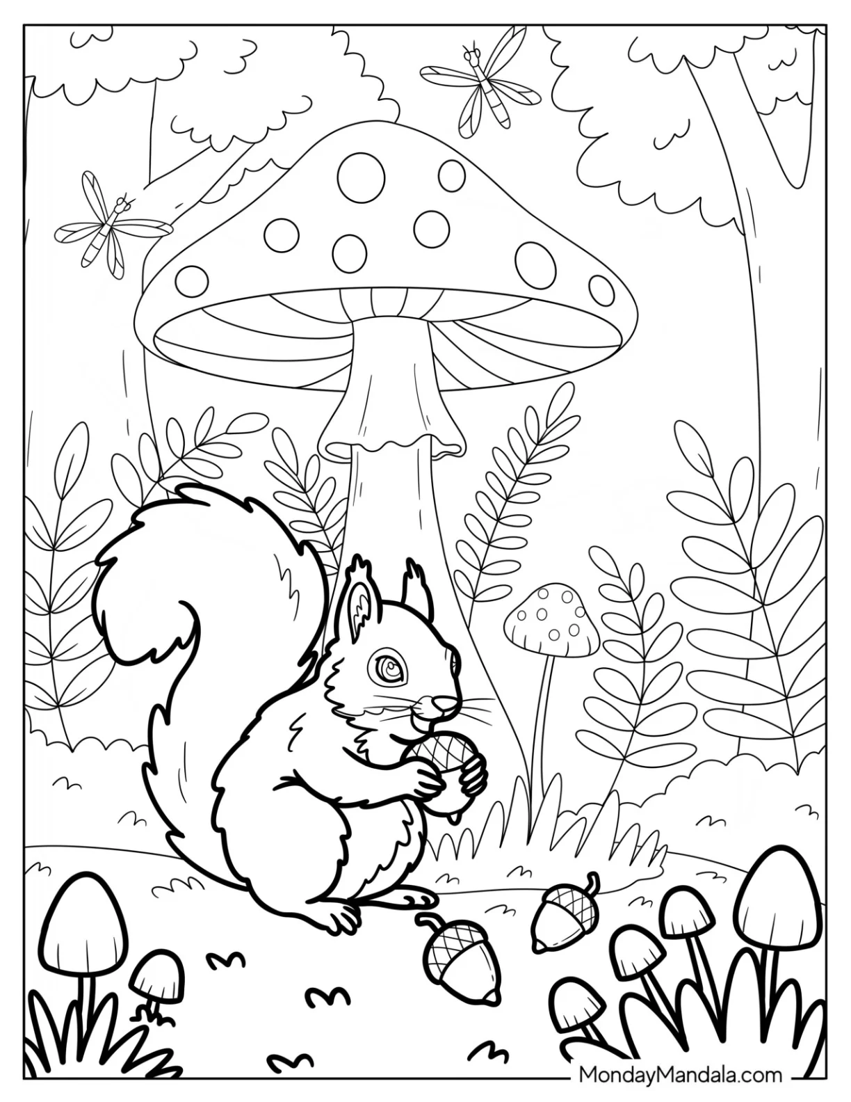 Squirrel Coloring Page Gathering Acorns Beneath Giant Forest Mushroom coloring page