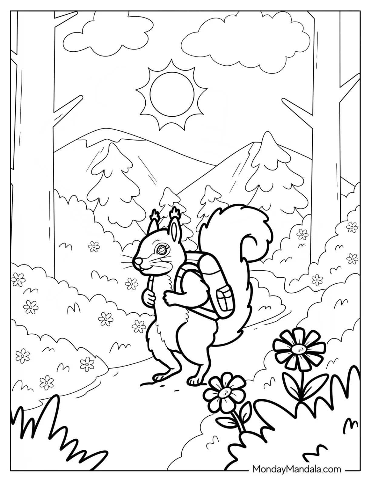 Squirrel Coloring Page Hiking Through Forest Trail with Backpack coloring page — printable line art