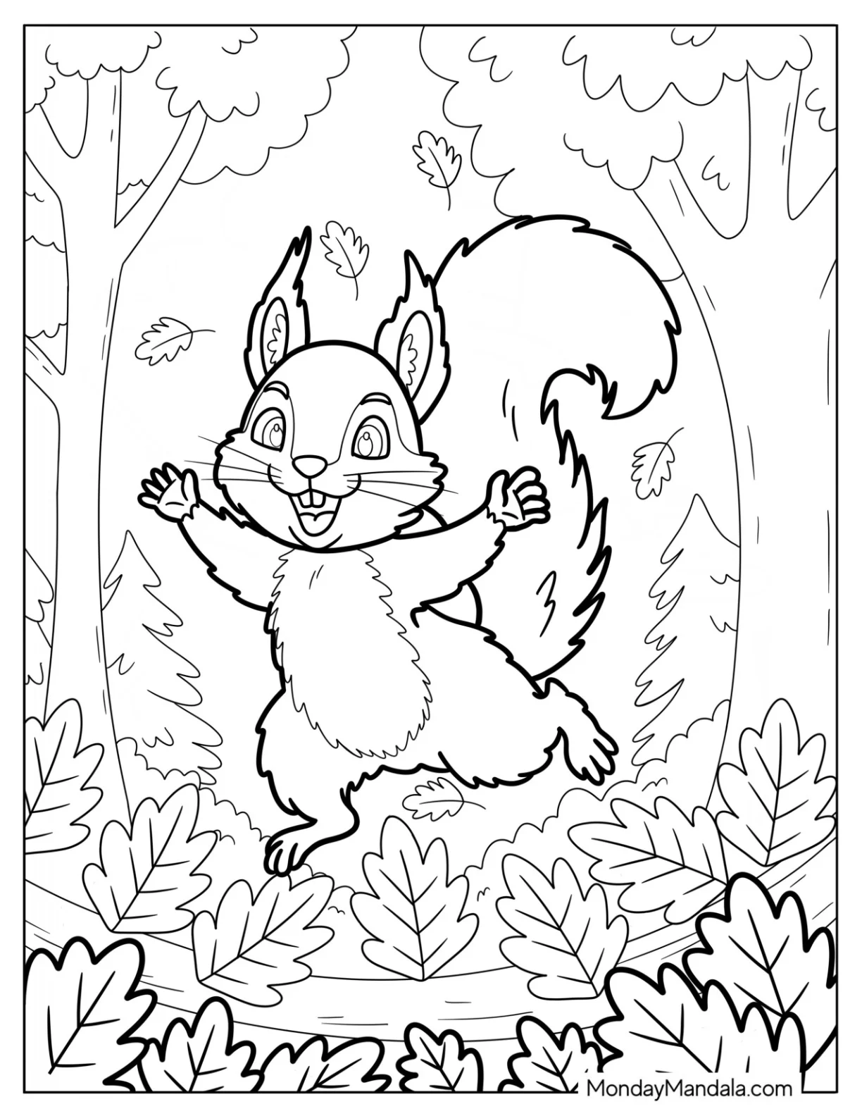 Squirrel Coloring Page Jumping Through Autumn Leaves in Forest Clearing coloring page