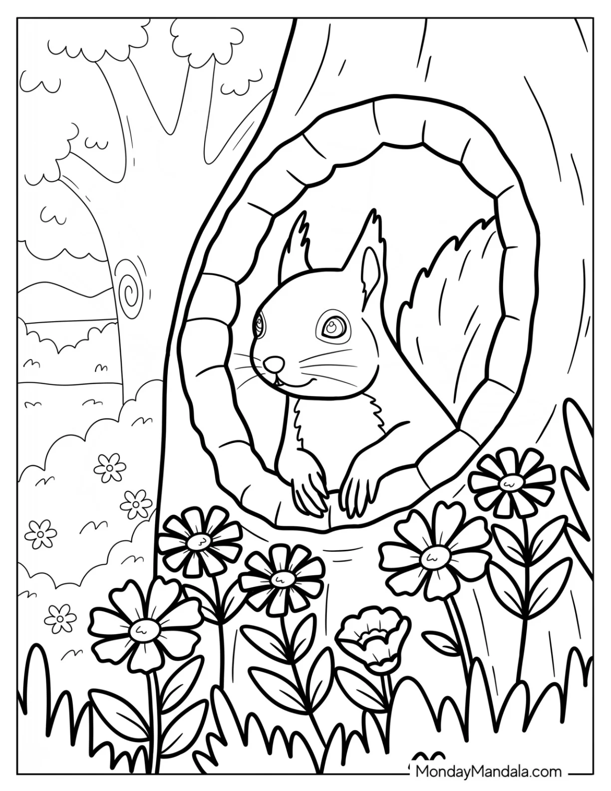 Squirrel Coloring Page Peeking Out from Tree Hollow in Flower Garden for Kids coloring page — printable line art