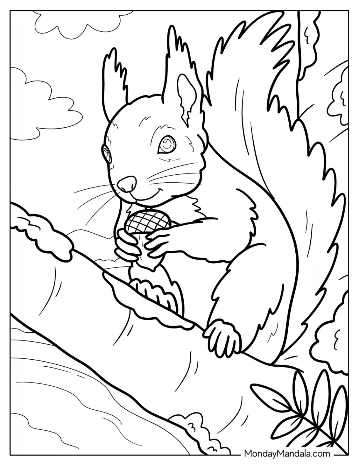 Squirrel Coloring Page Perched on Tree Branch Holding Acorn coloring page — printable line art