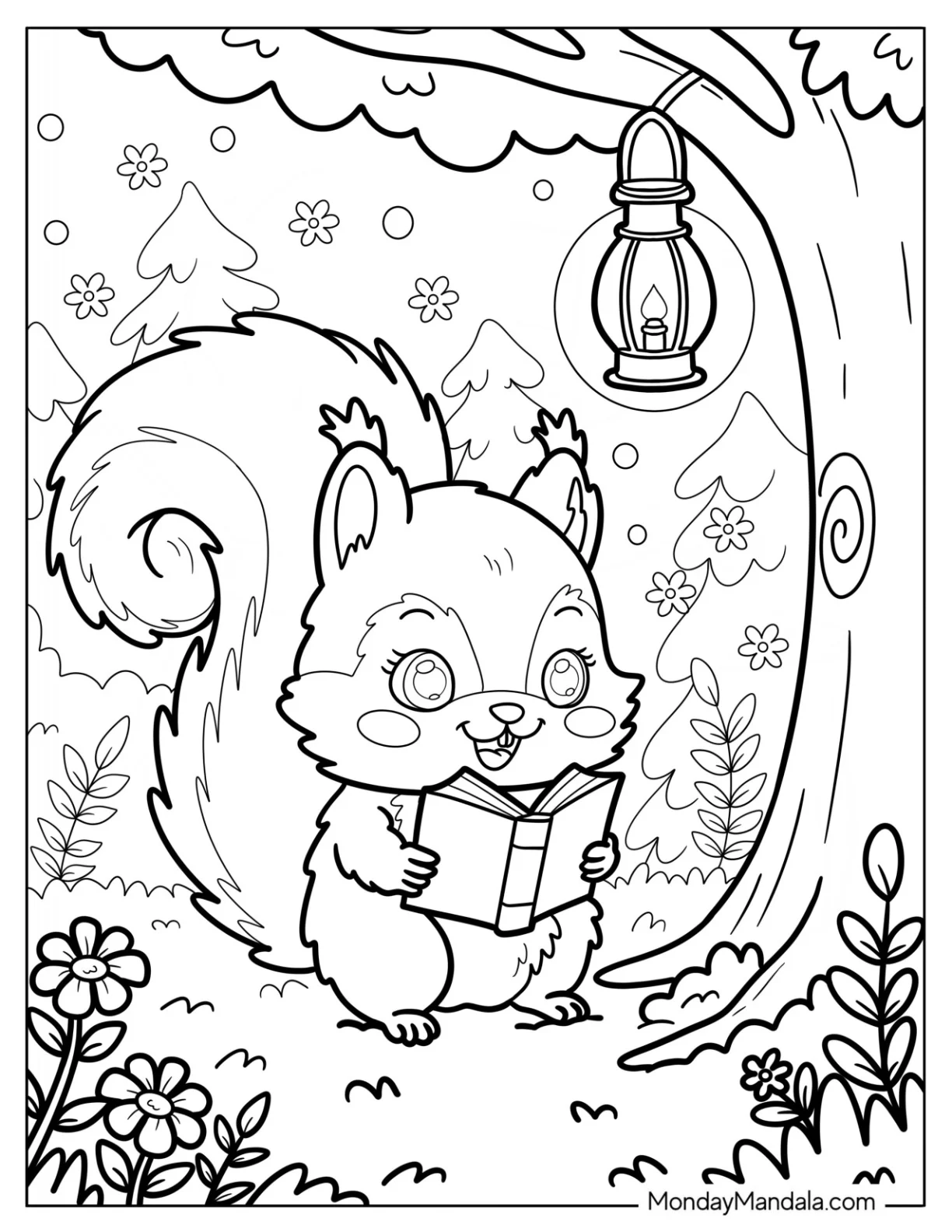 Squirrel Coloring Page Reading by Lantern Light in the Forest coloring page — printable line art
