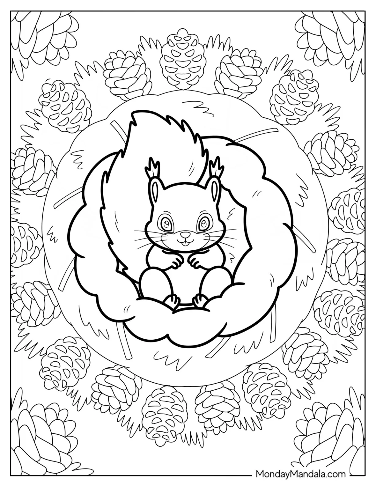 Squirrel Coloring Page Resting in a Nest Surrounded by Pinecone coloring page
