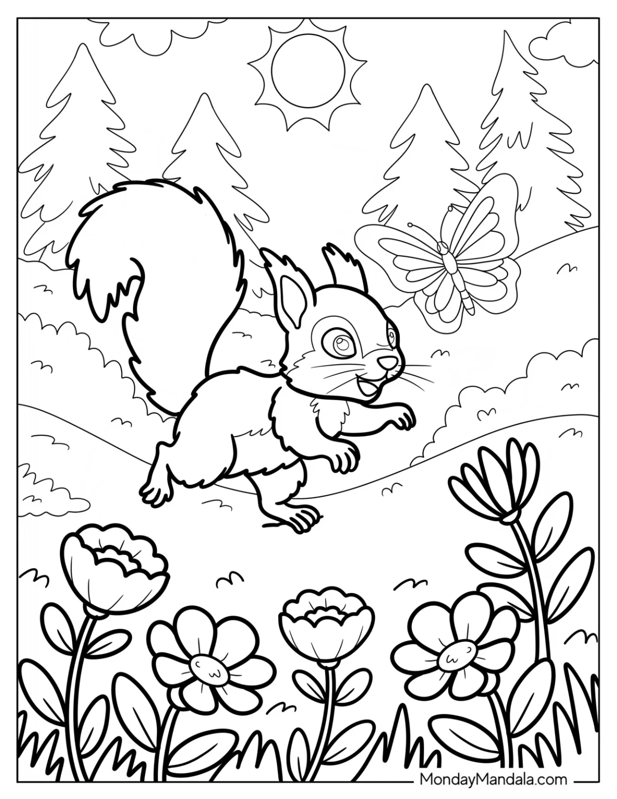 Squirrel Coloring Page Running Through Meadow with Flowers and Butterfly coloring page