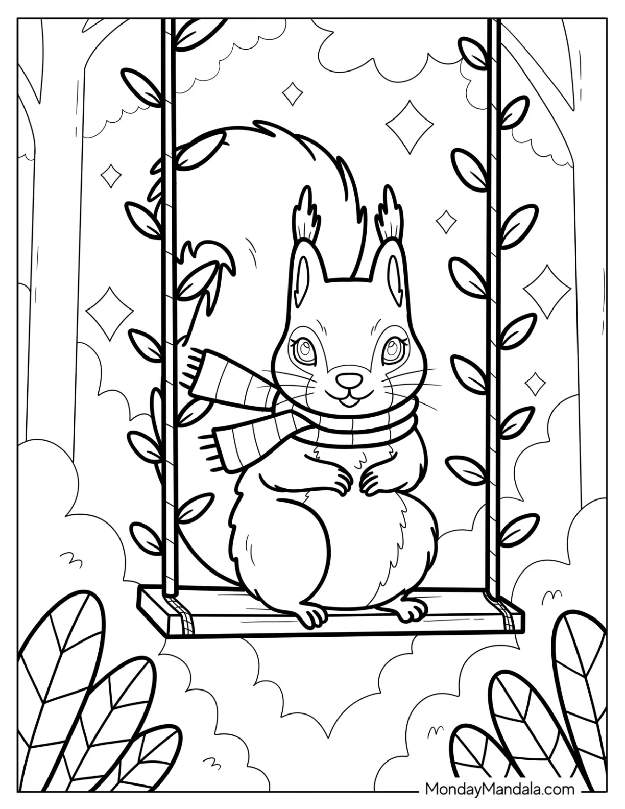 Squirrel Coloring Page Sitting on Garden Swing with Scarf coloring page
