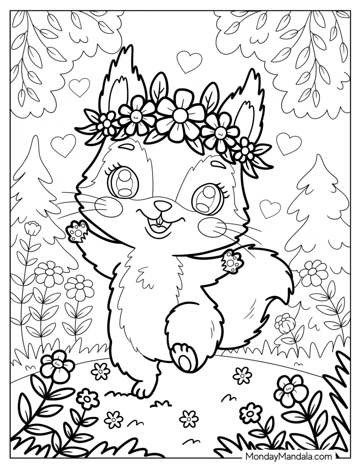 Squirrel Coloring Page with a Flower Crown Dancing in a Forest Meadow coloring page