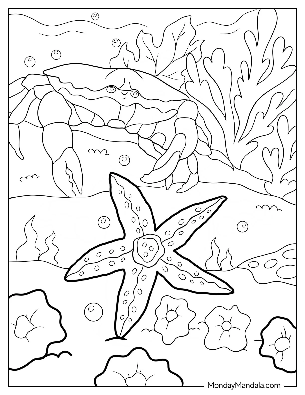 Cartoon Crab Approaching Starfish Coloring Page At Sea coloring page — printable line art