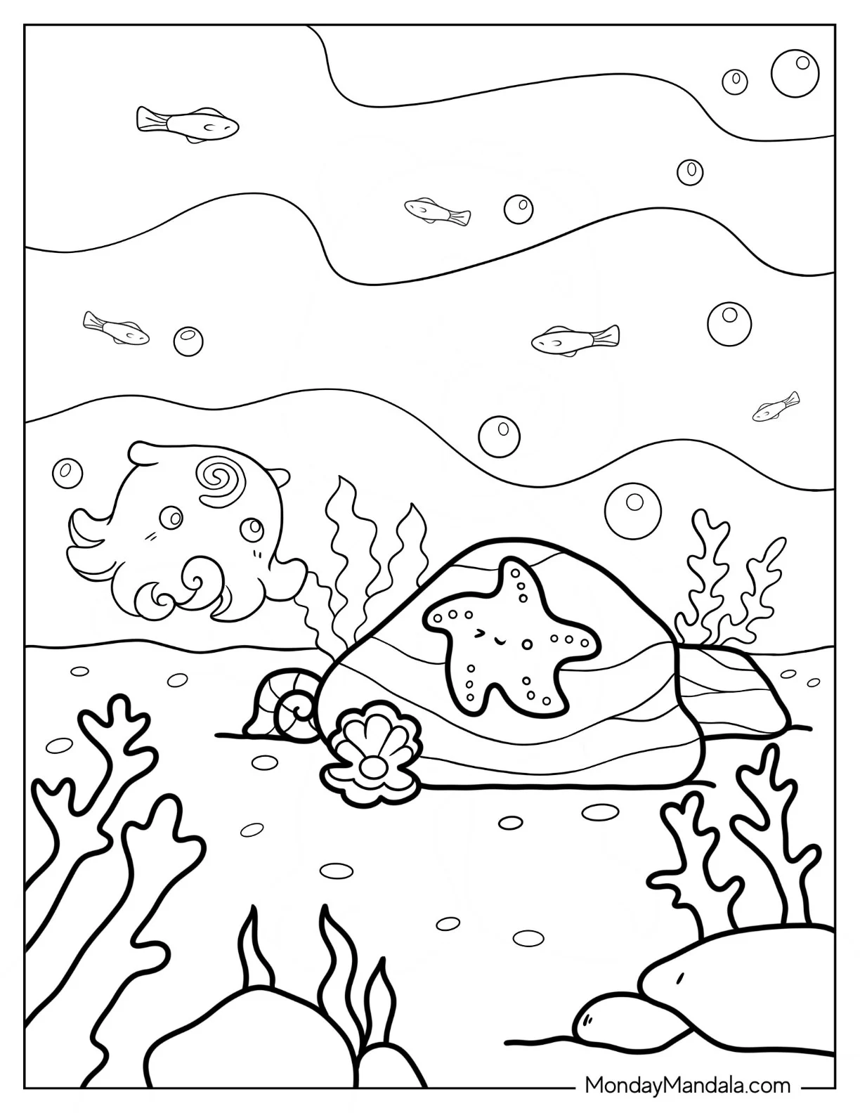 Cute Starfish Coloring Page On Rock Beside Octopus For Preschoolers coloring page — printable line art