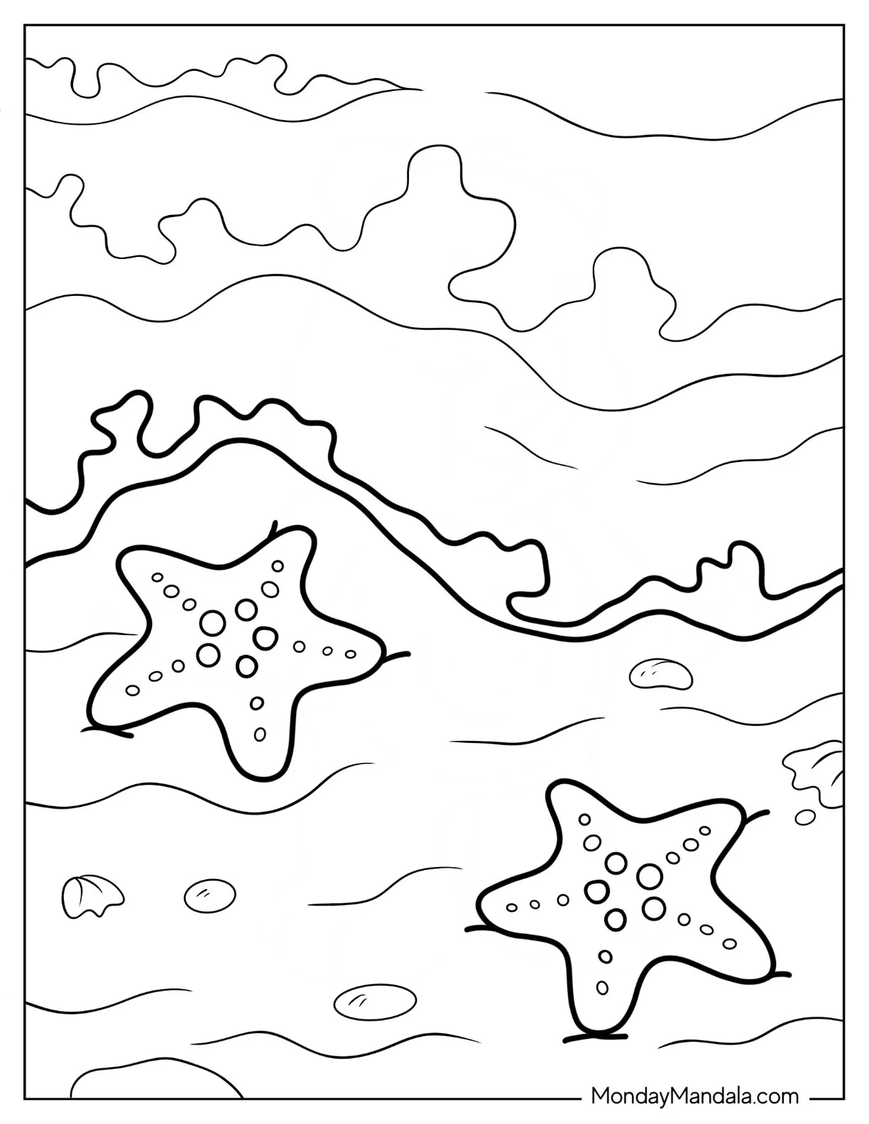 Easy Starfish Coloring Page On The Sand for Kids coloring page — printable line art