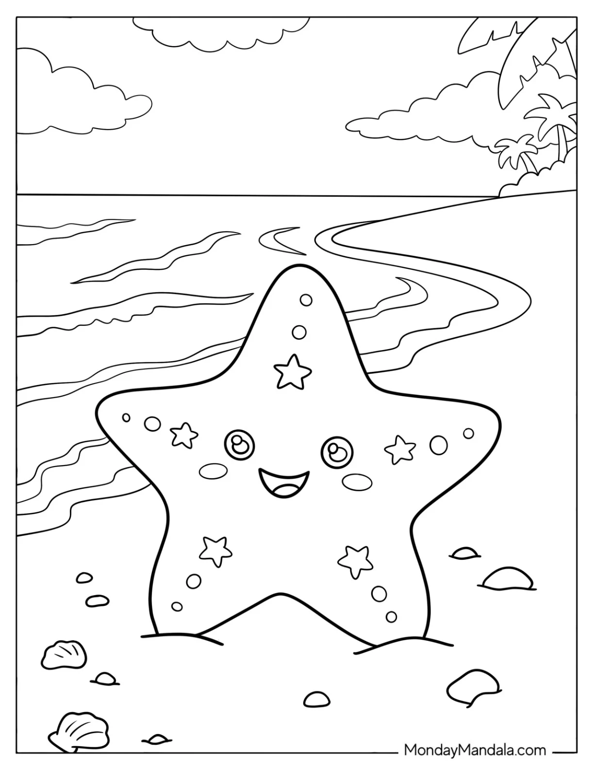 Easy Starfish on the Shore Coloring Sheet for Kids coloring page — printable line art