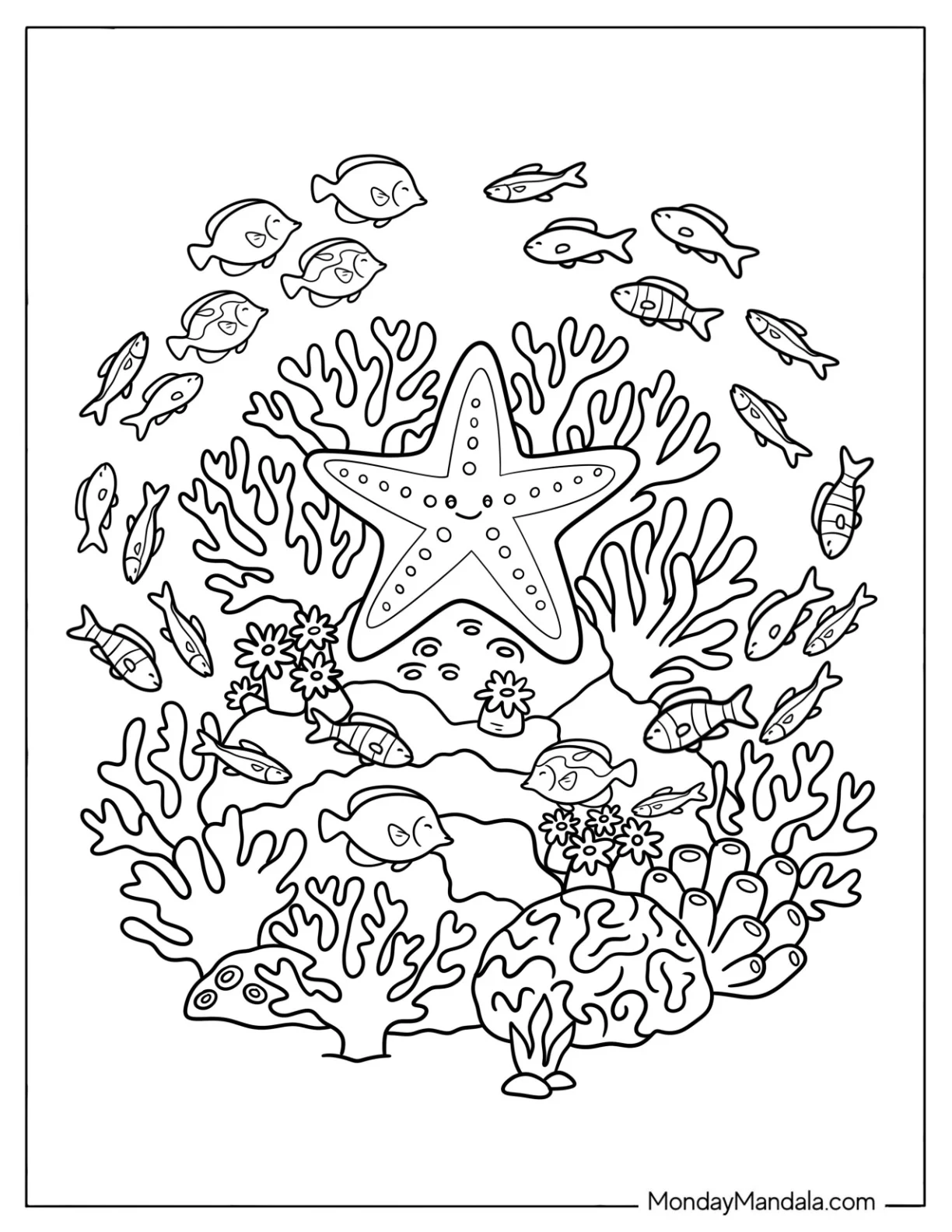 Fish Circling a Starfish in a Coral Reef coloring page