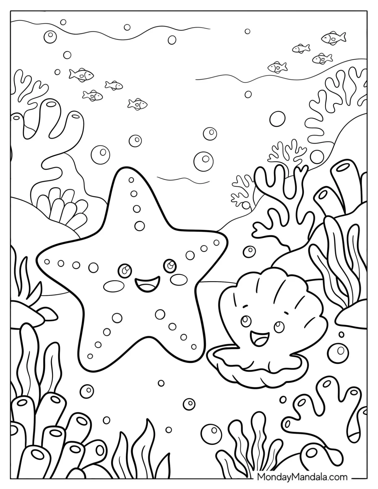 Friendly Starfish Talking with a Seashell Coloring Sheet coloring page — printable line art
