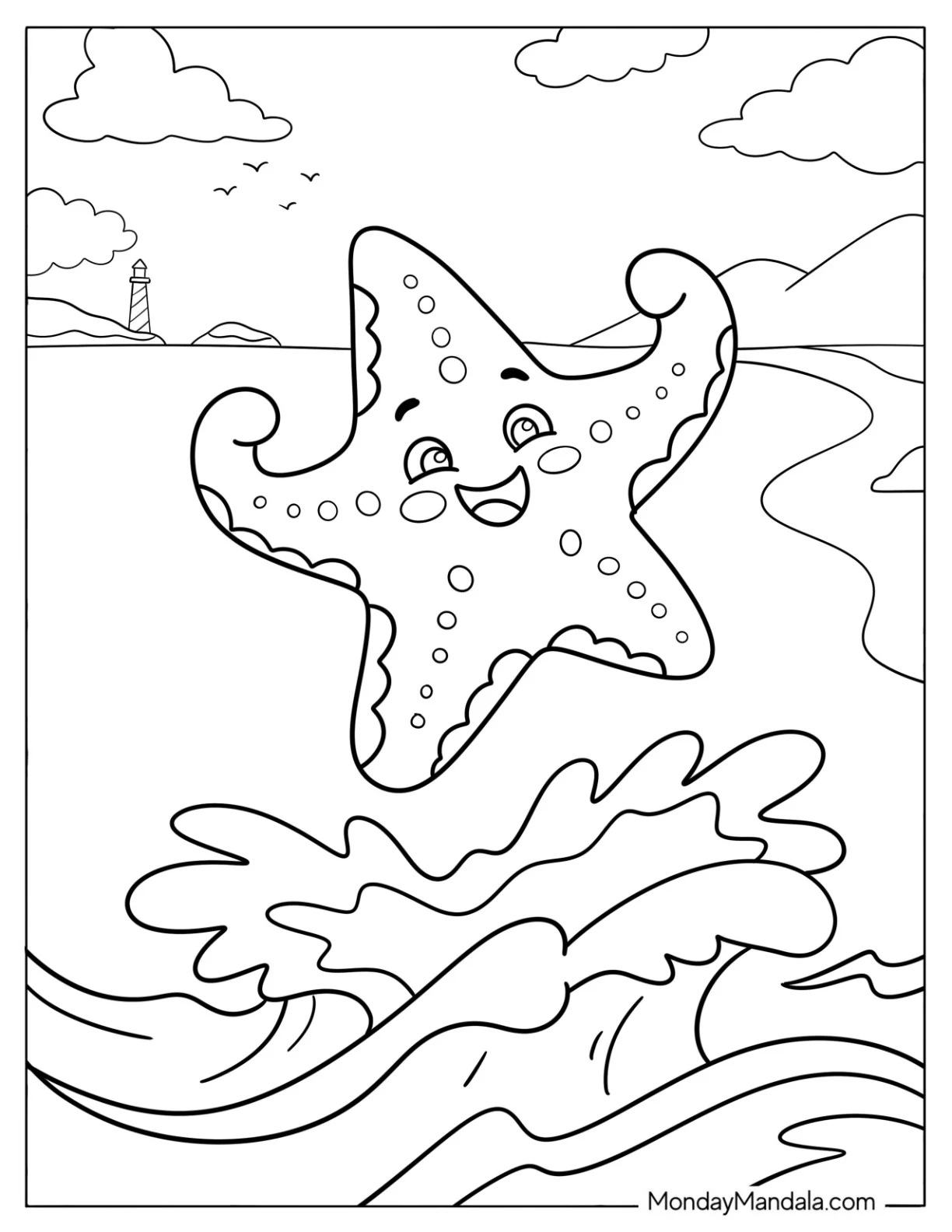 Fun Starfish Leaping from the Water Coloring Page coloring page — printable line art