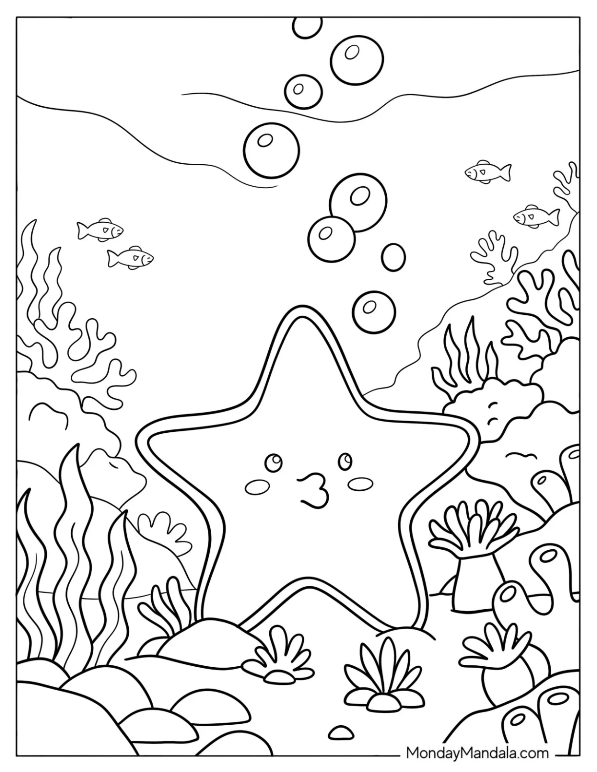 Kawaii Starfish with Puckered Lips Coloring Sheet for Kids coloring page
