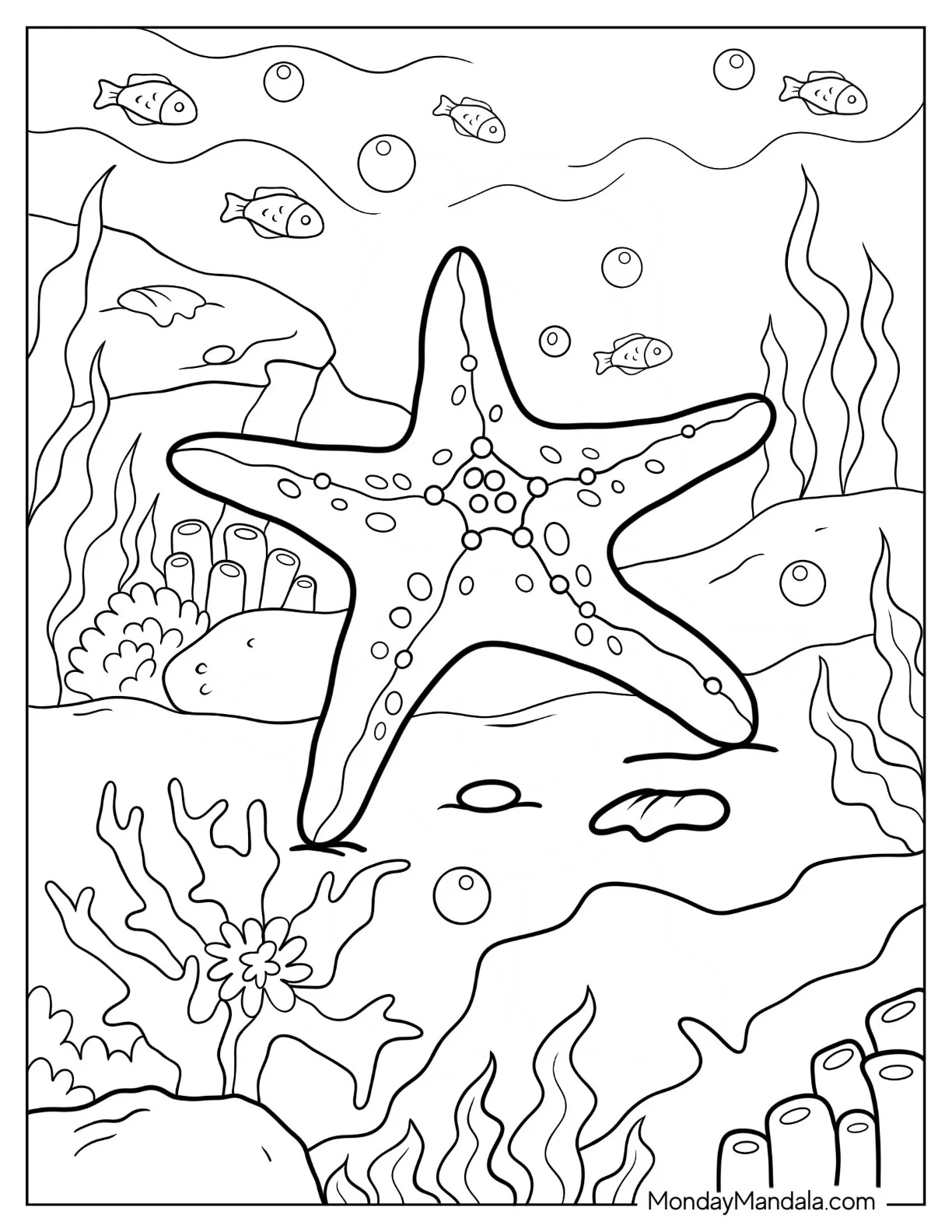 Large Starfish Coloring Page In Coral Reef For Kids coloring page
