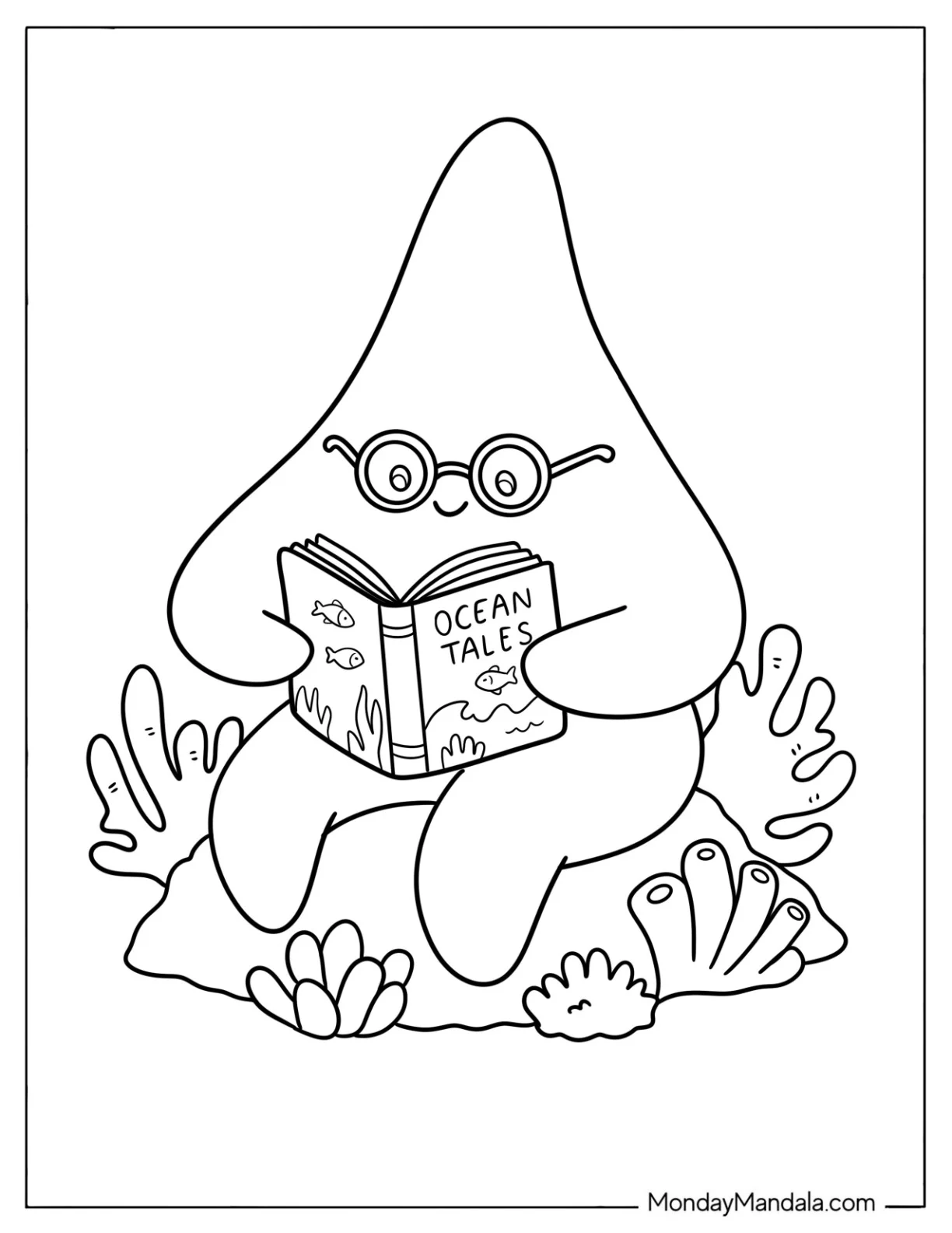 Nerdy Starfish Reading Ocean Tales Coloring Page for Kids coloring page — printable line art