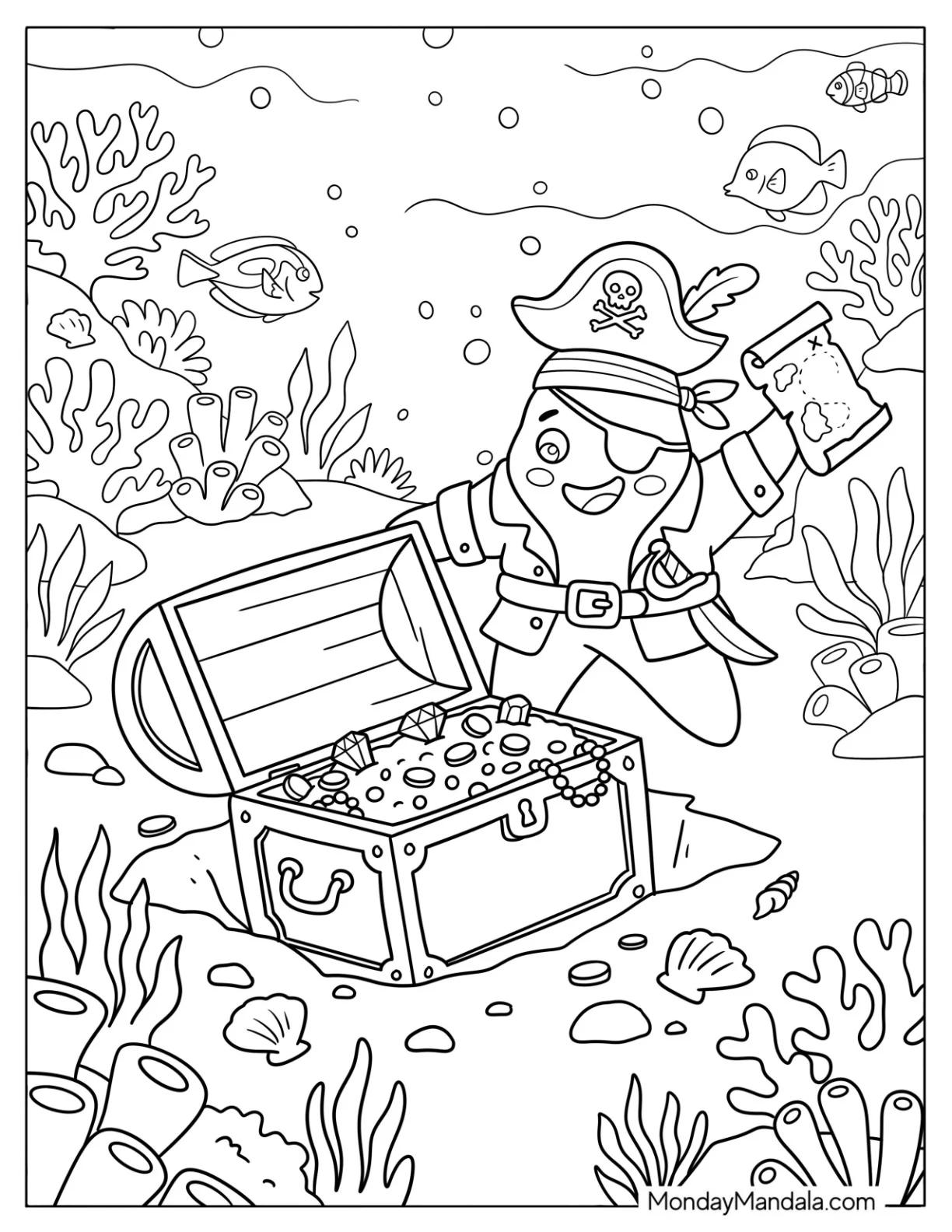 Pirate Starfish Discovering a Treasure Chest Coloring Page coloring page — printable line art