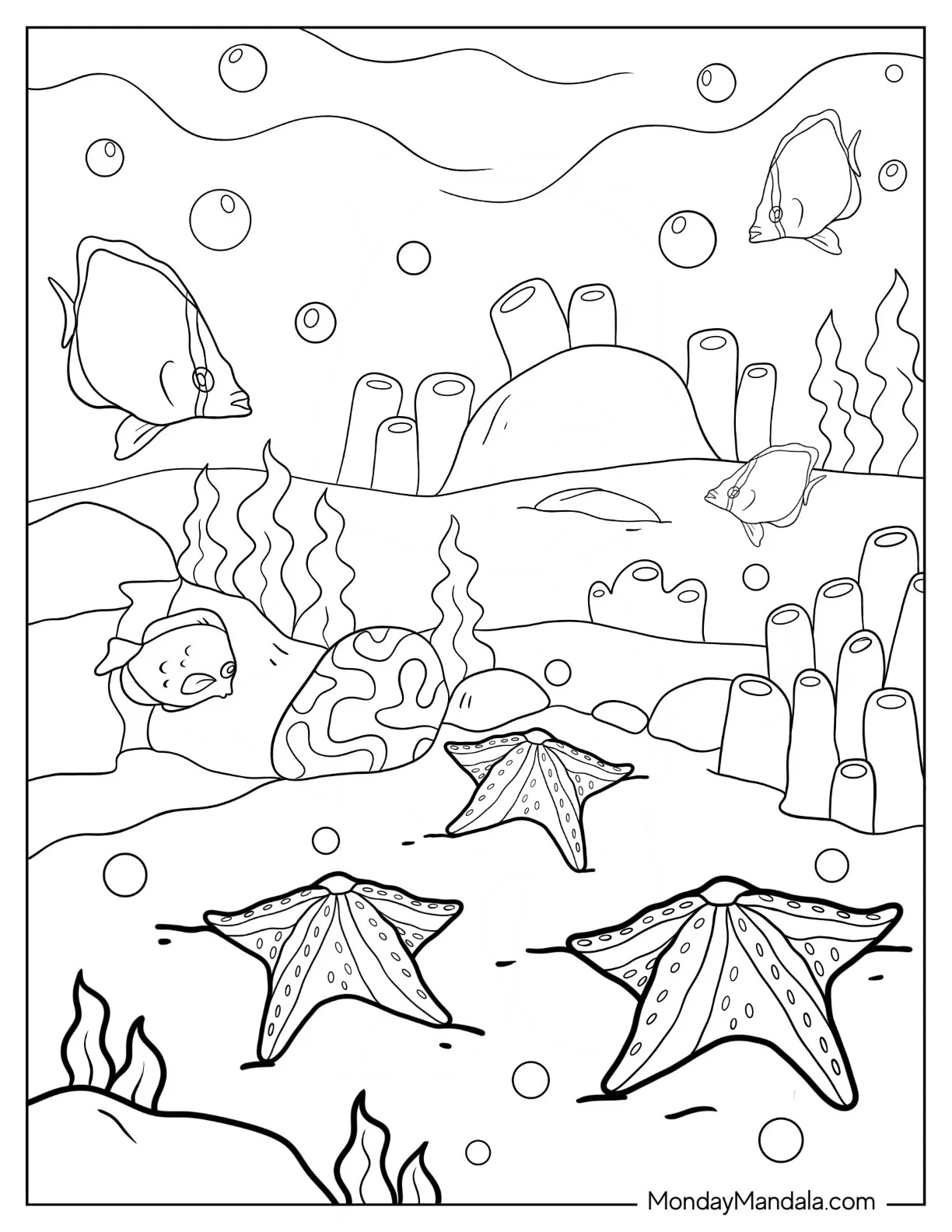 Realistic Starfish Coloring Page On Seafloor With Fishes coloring page — printable line art