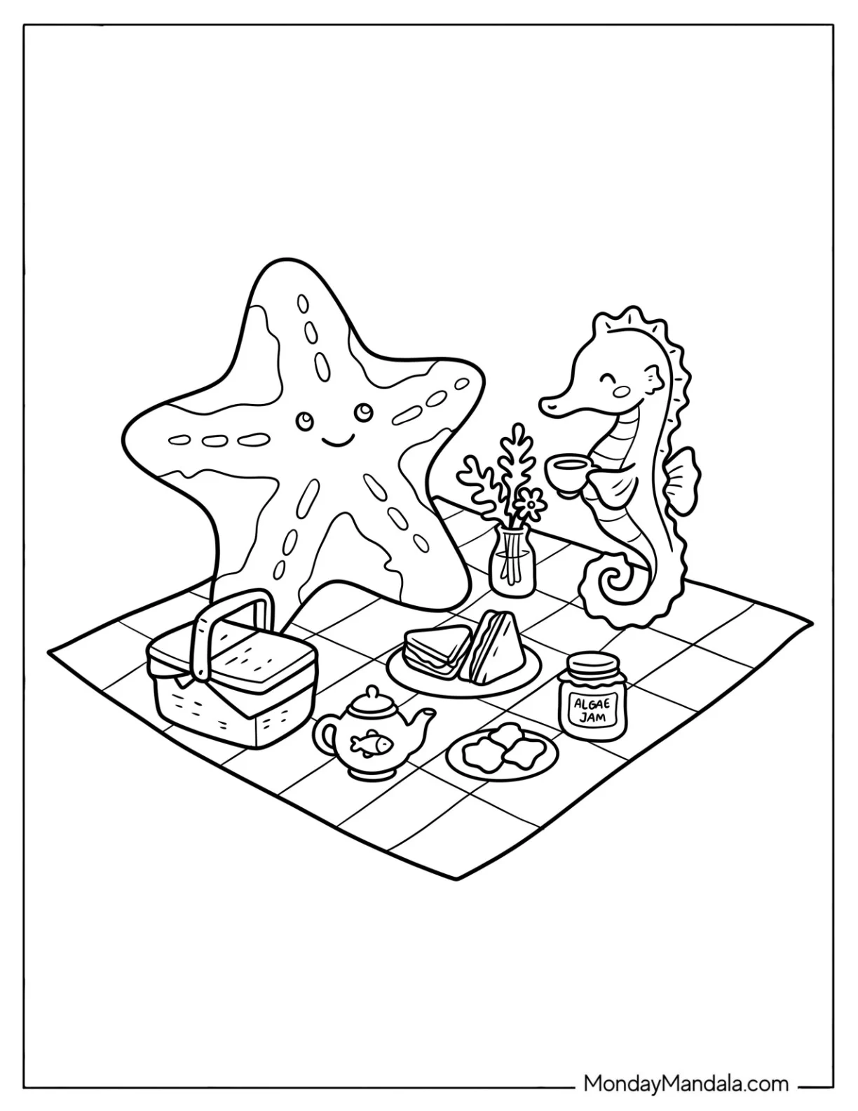 Seahorse and Starfish Having a Picnic Coloring Page coloring page